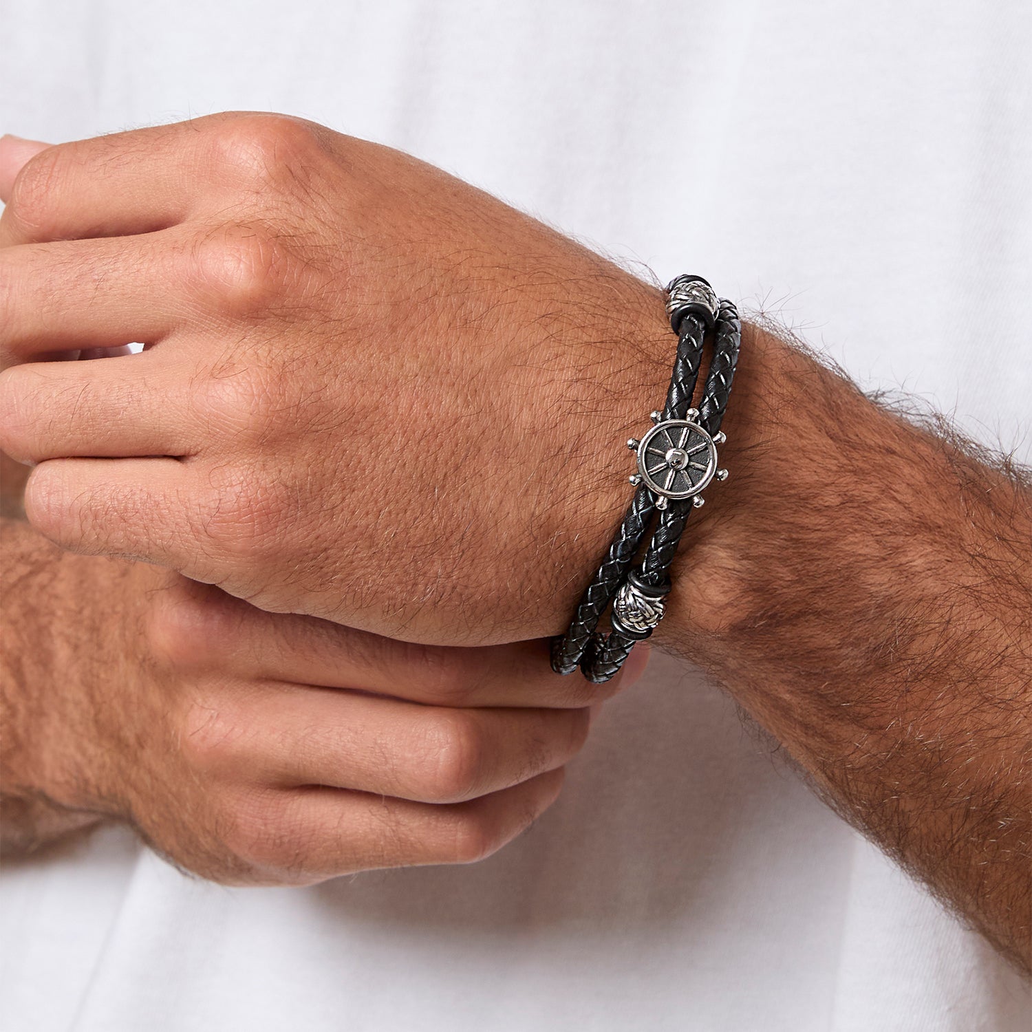 Lucky Brand Mens Nautical Wheel Black Braided Bracelet