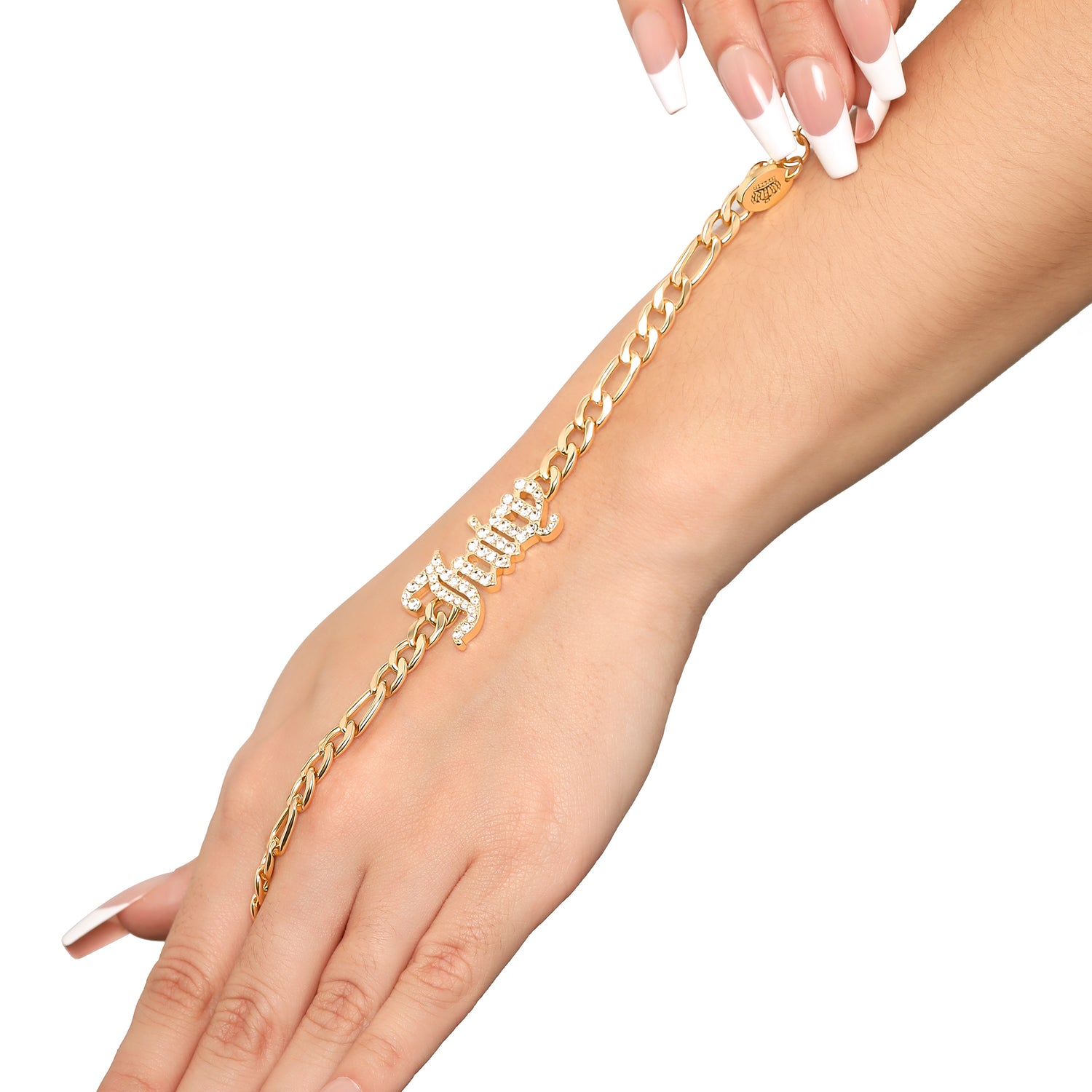 Juicy Couture Gothic Logo Pendant Bracelet for Women 7.5", Gold-Tone Juicy Bracelet with Logo Charms and Clear Stones