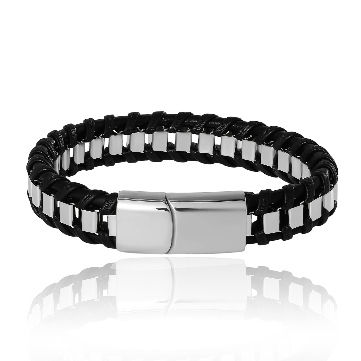 Lucky Brand Men’s Woven Leather & Stainless Link Bracelet, Black, Magnetic Clasp - 8.5''