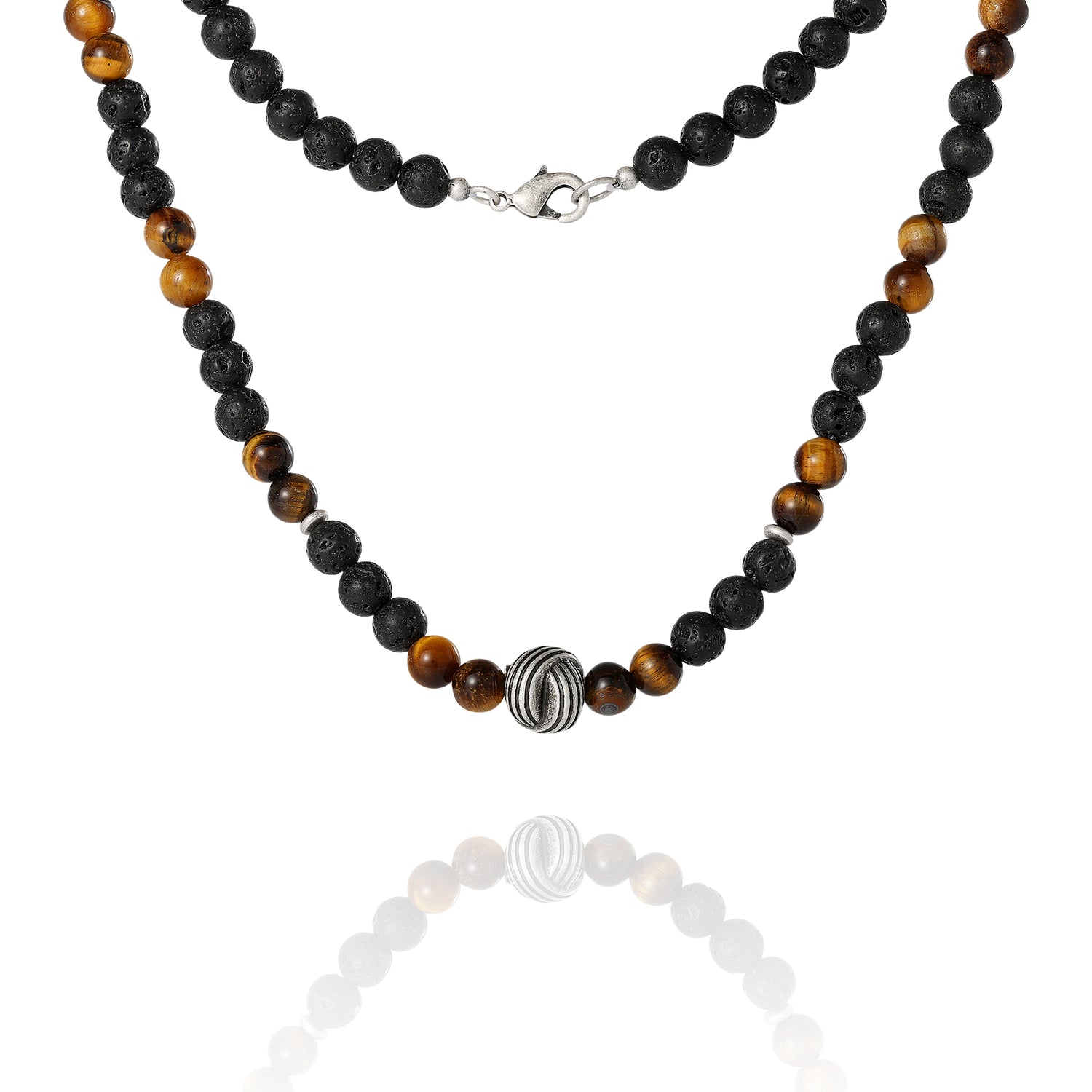 Lucky Brand Men’s Lava Rock & Tiger Eye Beaded Necklace, Silver‑Tone Center Bead