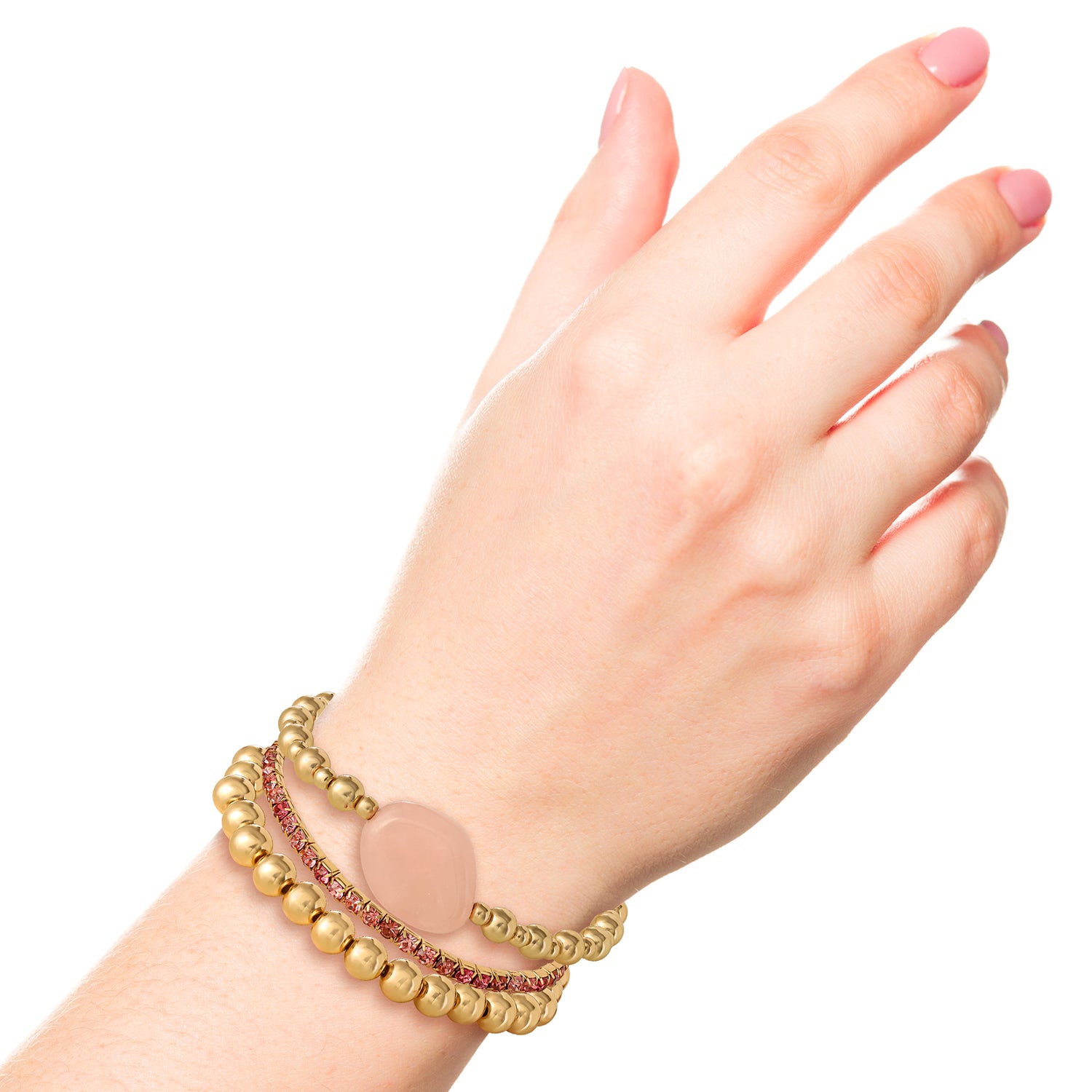 Jessica Simpson 3-Piece Beaded Stretch Bracelet Set - Gemstone & Gold-Tone Accents - Pink