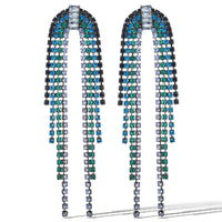 Jessica Simpson Dark Teal Rhinestone Cascading Fringe Earrings - Statement Long Dangle Earrings