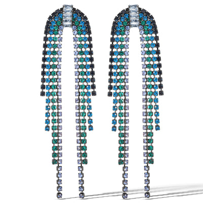 Jessica Simpson Dark Teal Rhinestone Cascading Fringe Earrings - Statement Long Dangle Earrings