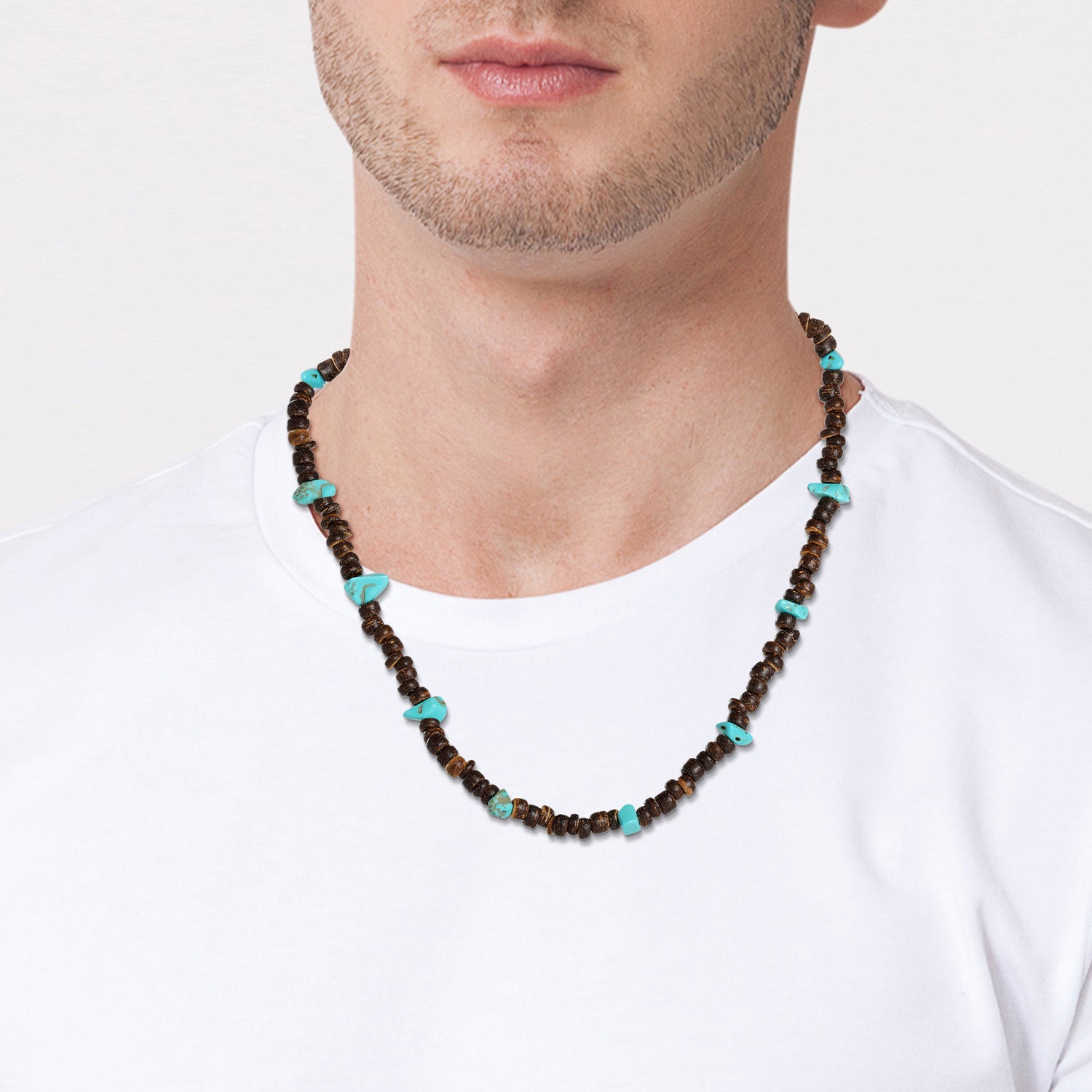 Lucky Brand Men’s Wood & Turquoise Beaded 22'' Necklace, Rustic Brown with Blue Chips
