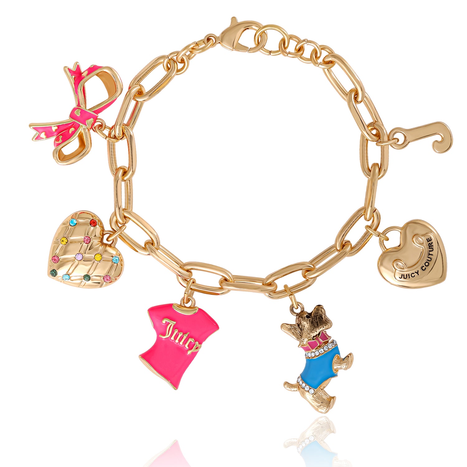 Juicy Couture Pink and Gold Charm Bracelet with Bow, Dog, and Heart - 7.5''