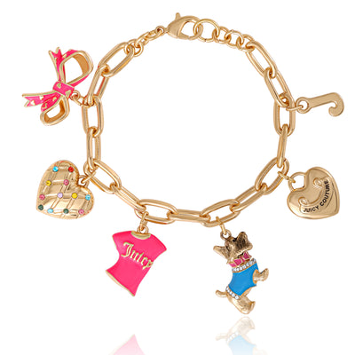 Juicy Couture Pink and Gold Charm Bracelet with Bow, Dog, and Heart - 7.5''