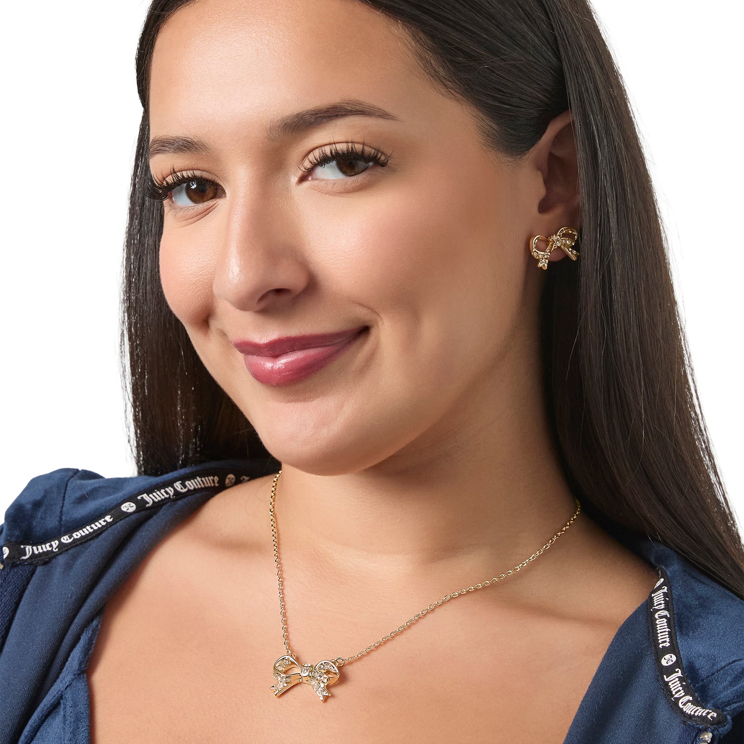 Juicy Couture Pavé Bow Necklace & Stud Earring Set, Gold‑Tone