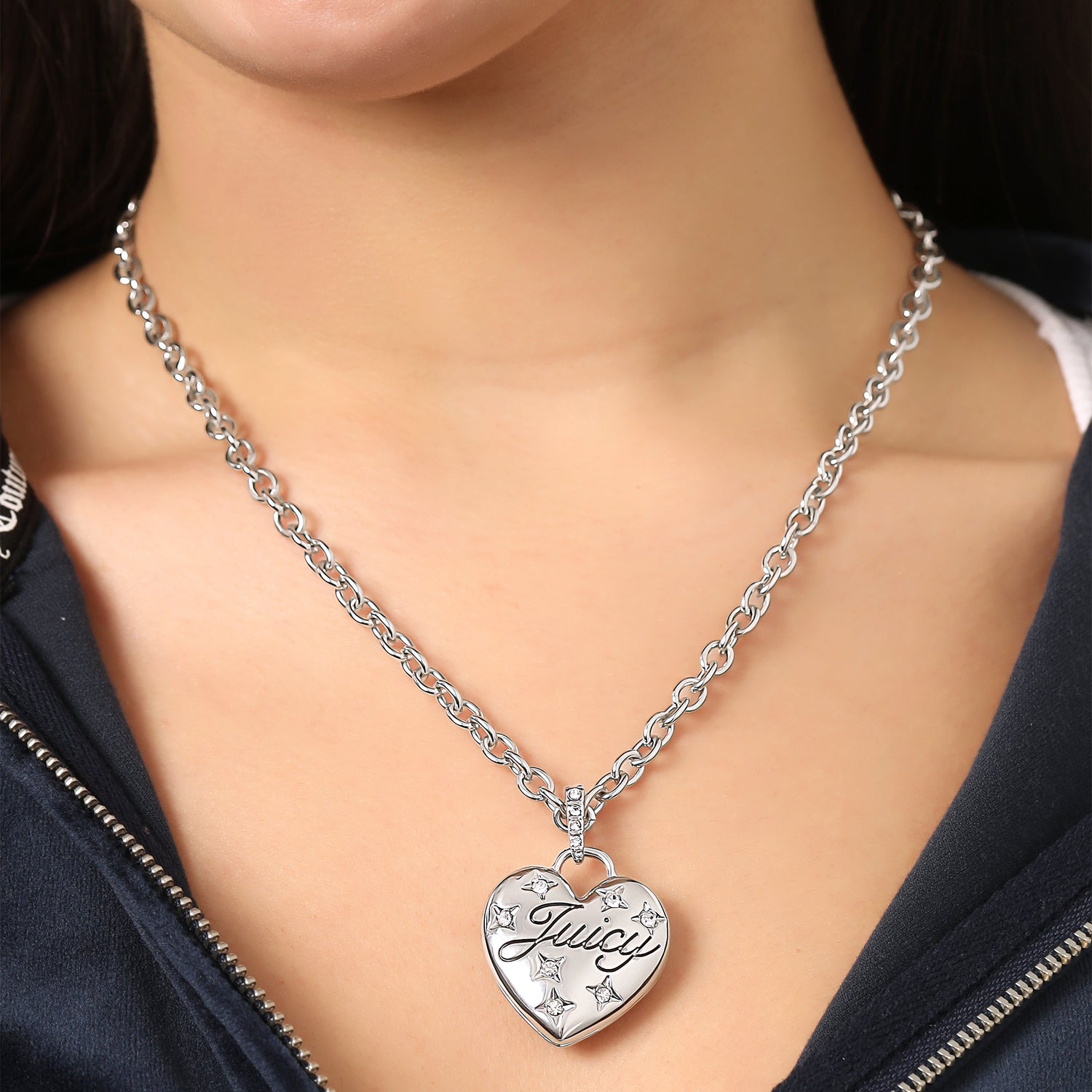 Juicy Couture 18"+2" CLEAR STONES PUFFY CONSTELLATION HEART NECKLACE -IMITATION RH PLT