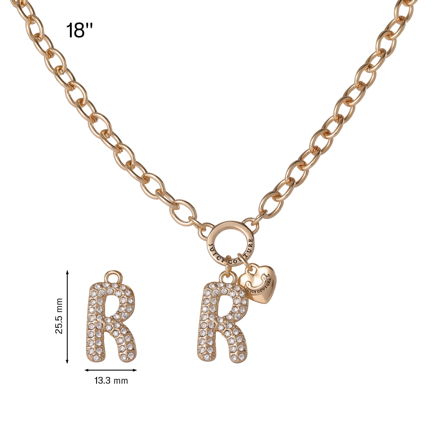 Juicy Couture Bubble Letter Necklace for Women with Clear Stones 18"+2", Chunky Initial Necklace Gold-Tone - R