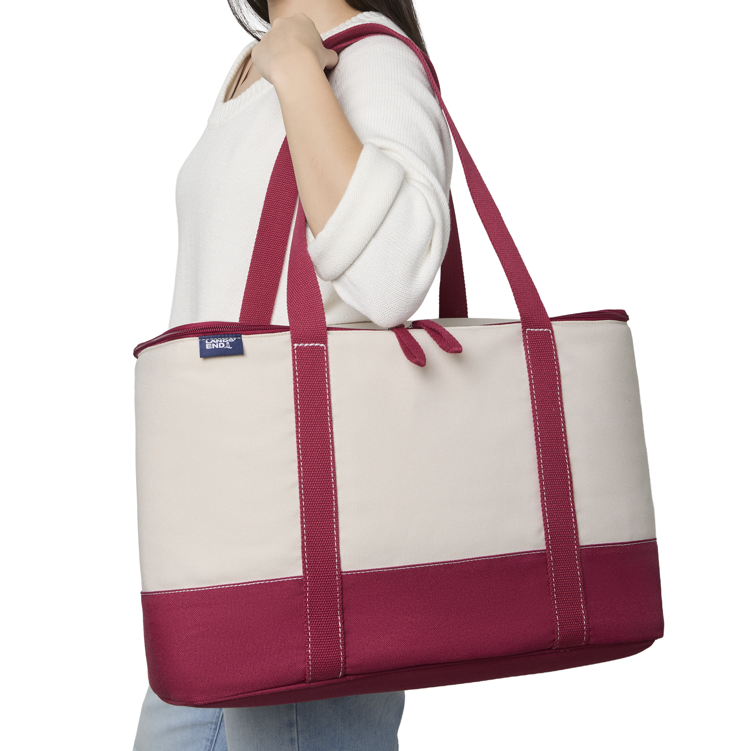 Lands' End Rectangular Large Cooler Bag Insulated 8 Gal, Canvas Soft Cooler with Tote Handles and Zip Closure (Red) - Red