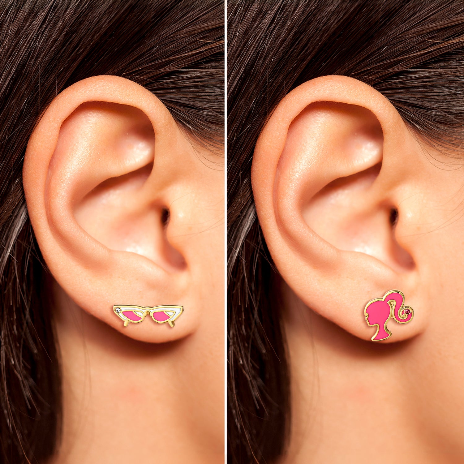 Barbie Sunglasses and Silhouette Stud Earrings 2-Pack Official License, 18k Gold Flash-Plated Barbie Earrings with Crystal