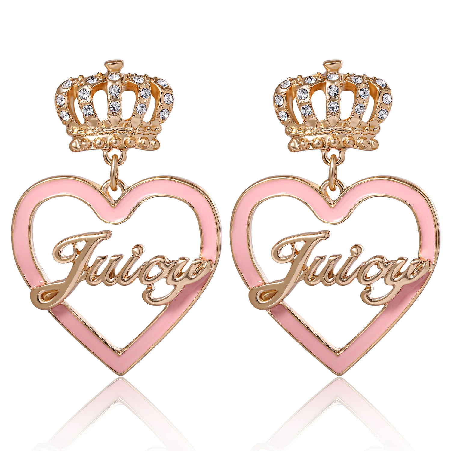 Juicy Couture Logo and Pink Heart Dangle Earrings for Women, Gold-Tone Heart Earrings with Embellished Crown Stud