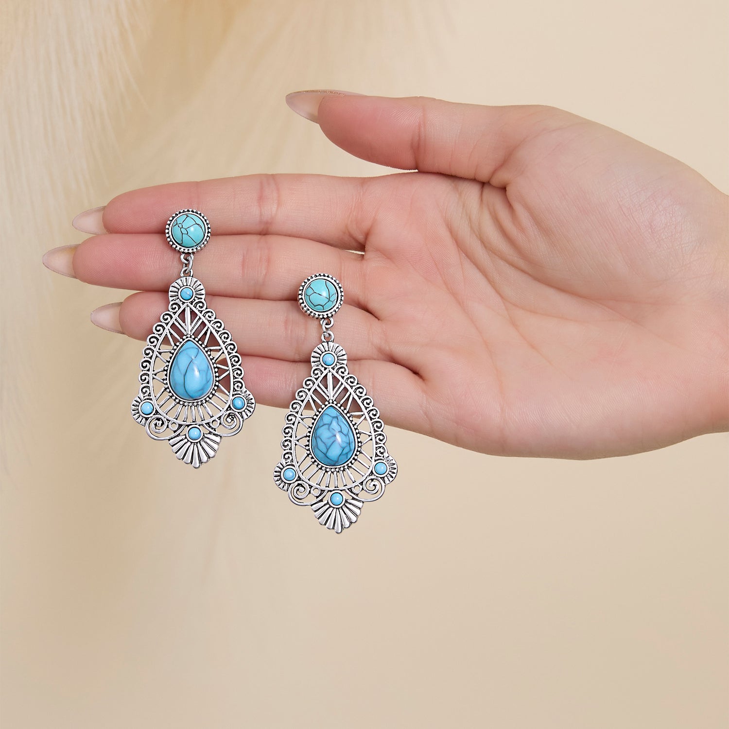 Jessica Simpson Silver-Tone Filigree Teardrop Earrings in Blue