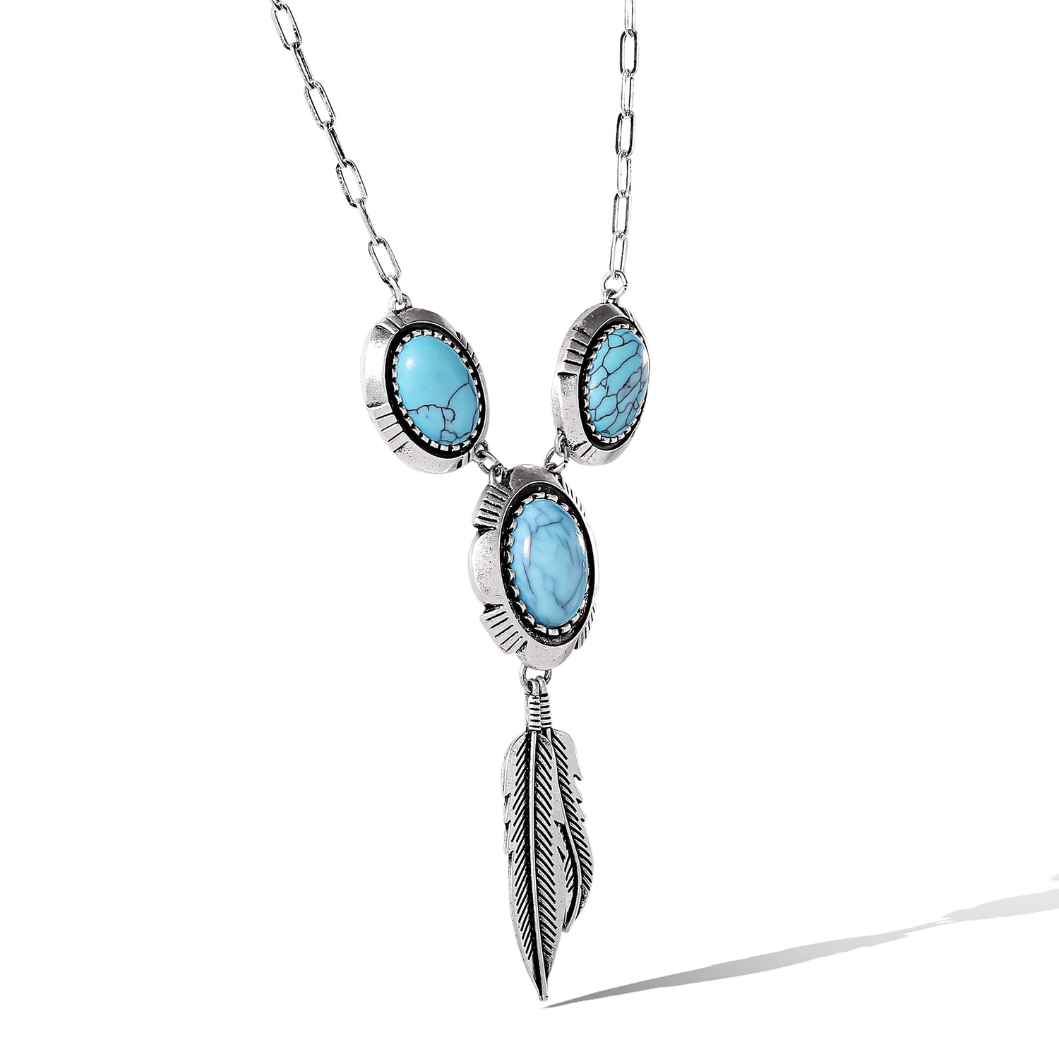 JS Jessica Simpson Turquoise & Feather Pendant Necklace in Antique Silver