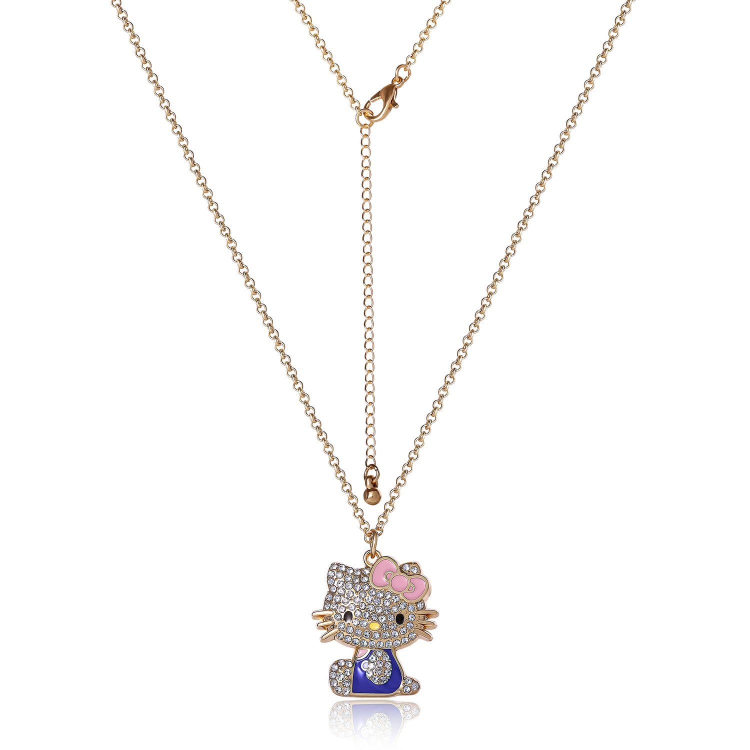 SALLY ROSE Hello Kitty Pink and Blue Enamel and Pave Necklace Official License, Gold-Tone 16+3 Hello Kitty Necklace, Sanrio Gifts - Blue