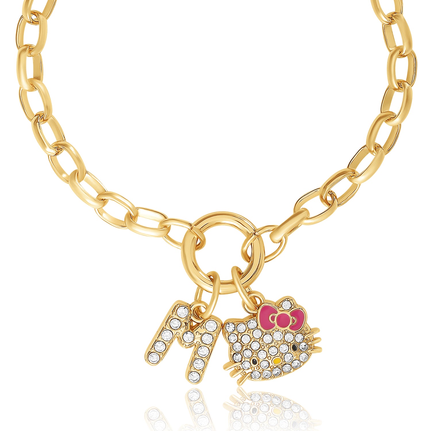 Hello Kitty Initial Crystal Charm Bracelet, Gold‑Tone, Adjustable - M