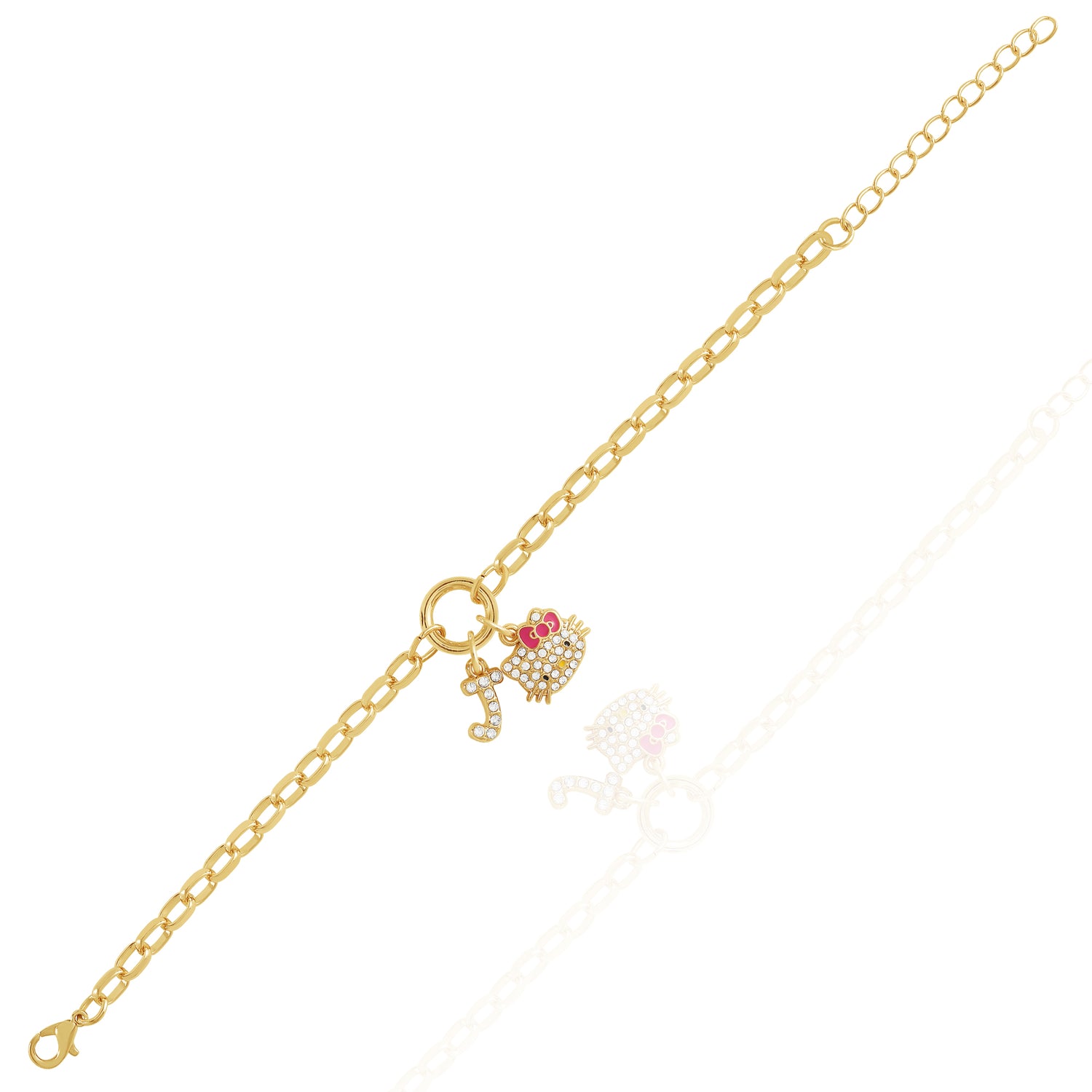 Hello Kitty Initial Crystal Charm Bracelet, Gold‑Tone, Adjustable - J