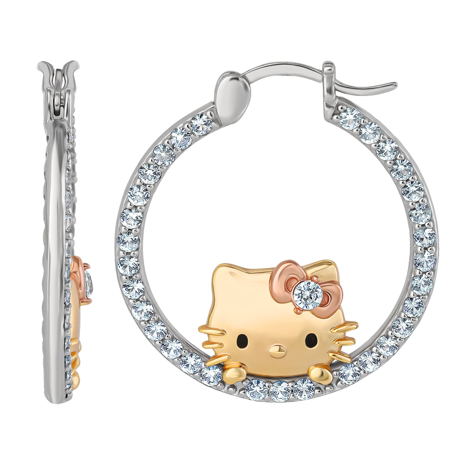Hello Kitty Pop-Up Hoop Earrings, Tri-Color Sterling Silver with Created White Sapphire, Official License