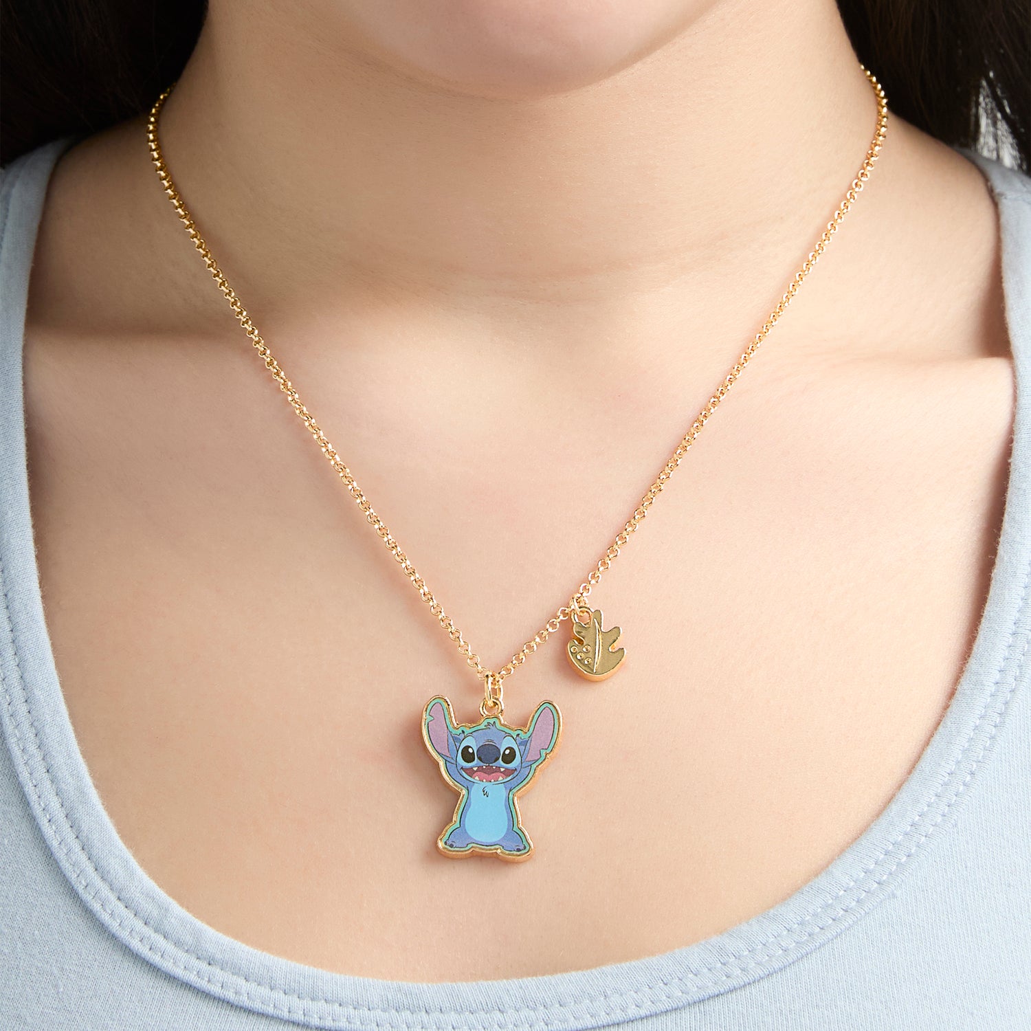 Disney Stitch Jewelry Set Official License with 16+3 Necklace and Palm Leaf Earrings, Gold Tone Fashion Necklace and Stud Earrings