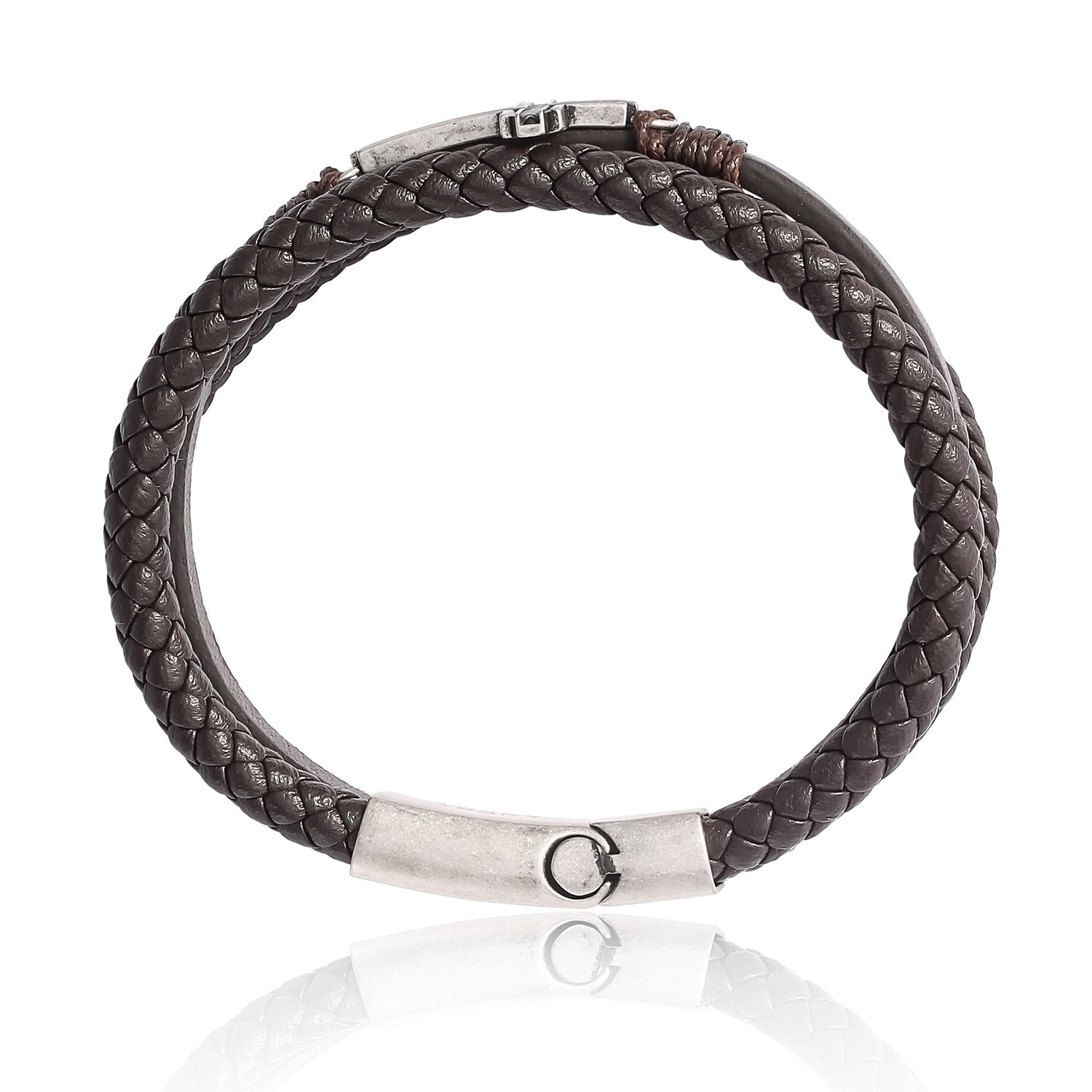 Lucky Brand Textured Cross Triple Row Brown Bracelet for Men 8.5", Antique Silver Flash-Plated, Cross Jewelry