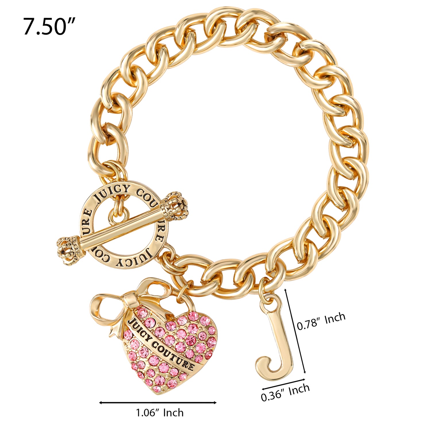 Juicy Couture Pink Pavé Heart Toggle Bracelet, Gold‑Tone Curb Chain