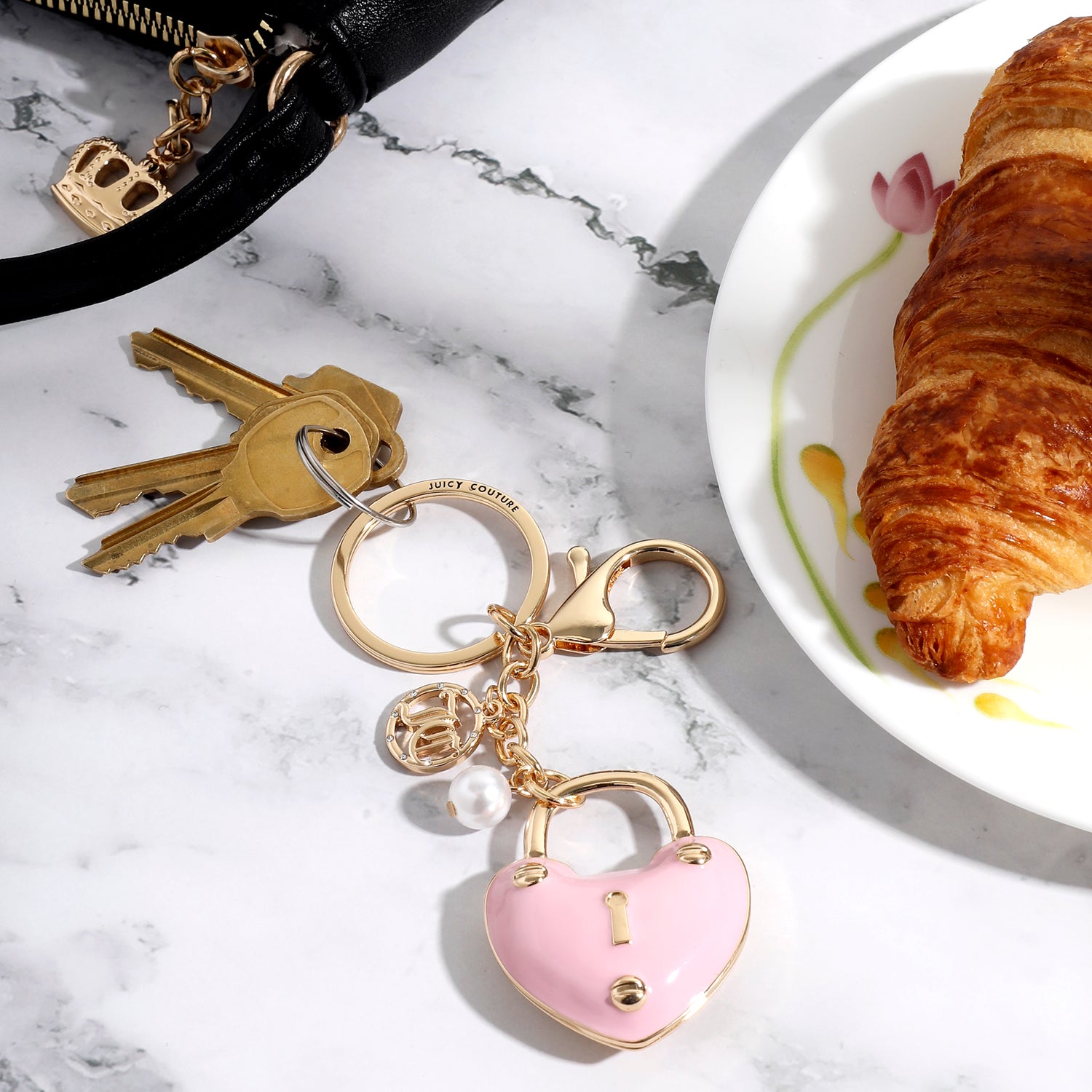 Juicy Couture Pink Padlock Heart Keychains for Women, Pink Key Chain with Logo Charm