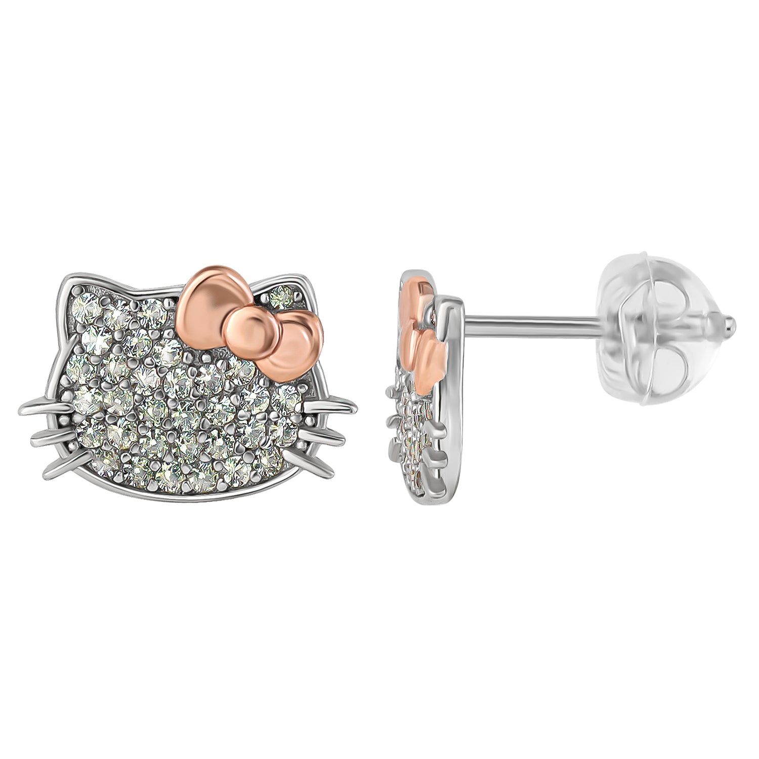 Hello Kitty Face Stud Earrings, Sterling Silver with Created White Sapphire Pavé and Rose Gold-Tone Bow, Official License