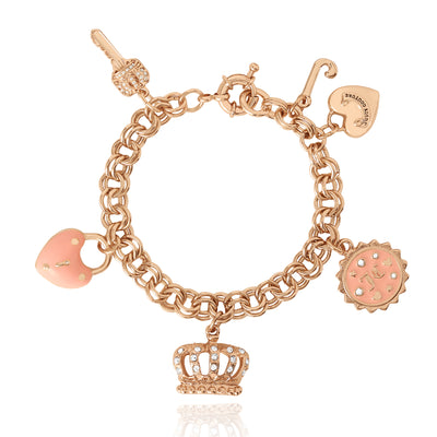Juicy Couture Charms Bracelet with Clear Stones, 7.5" Goldtone Bracelet for Women Featuring 6 Pink and Gold Charms