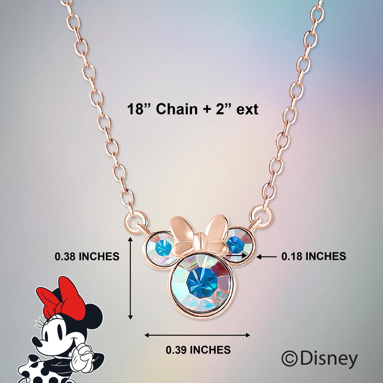 Disney Minnie Mouse Aurora Boreal Crystal Necklace 18"+2", Flash-Plated Official License