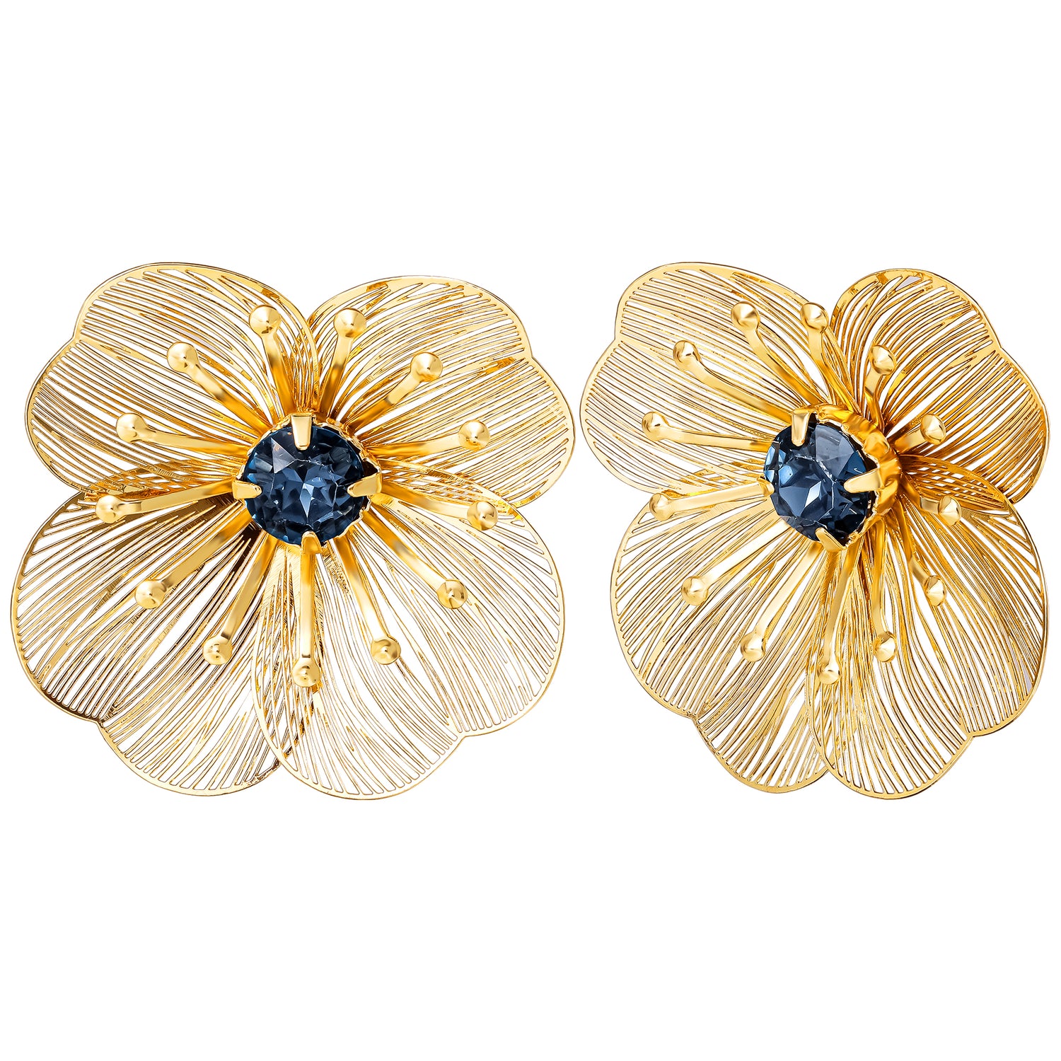 Jessica Simpson Gold-Tone Filigree Flower Stud Earrings with Blue Crystal Center