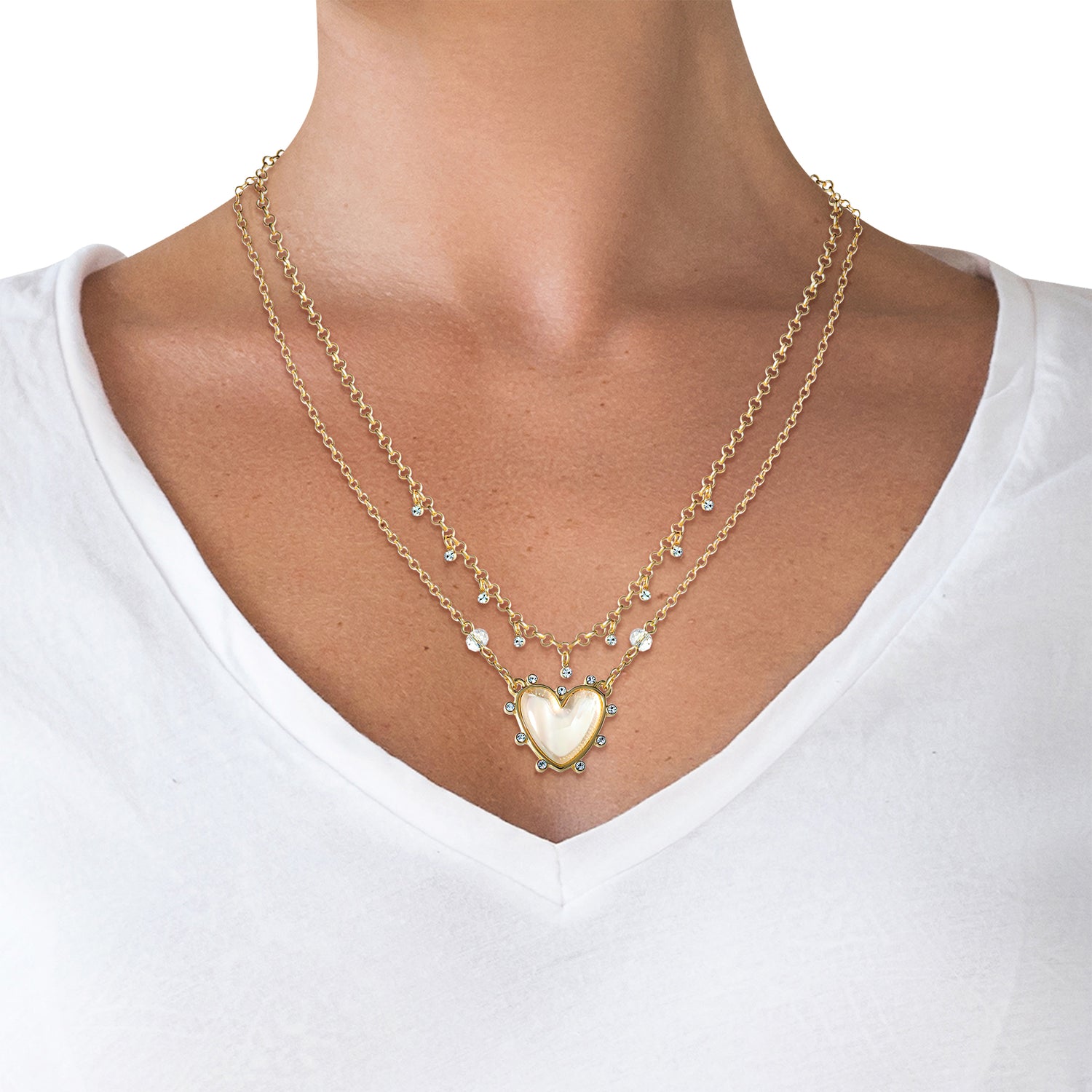 Jessica Simpson Womens Layered Heart Necklace 18" + 2" - Gold-Tone Double Strand Necklace with Heart Pendant