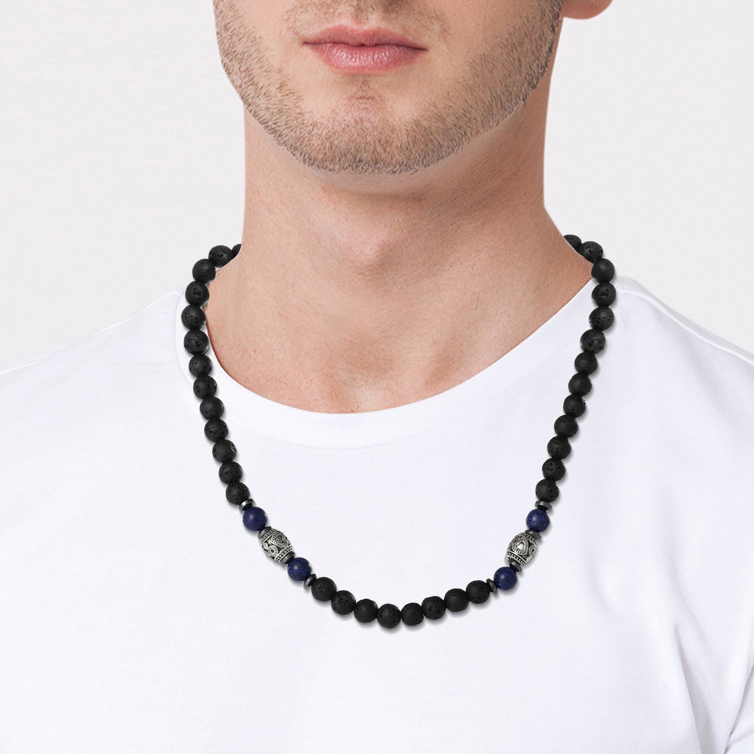 Lucky Brand Men’s Lava Rock & Lapis Beaded 22'' Necklace, Silver‑Tone Barrel Accents