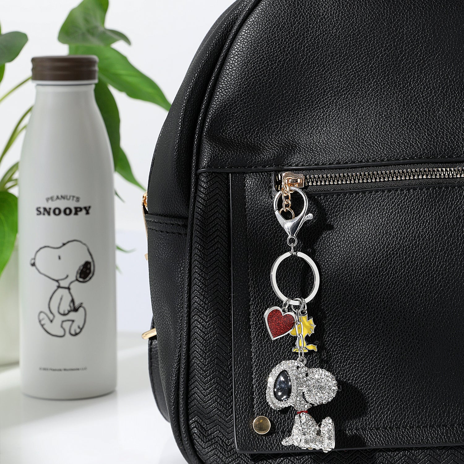 SALLY ROSE Peanuts Cluster Pave Crystal Keychain Official License, Snoopy Bag Charm with Woodstock and Heart Charms