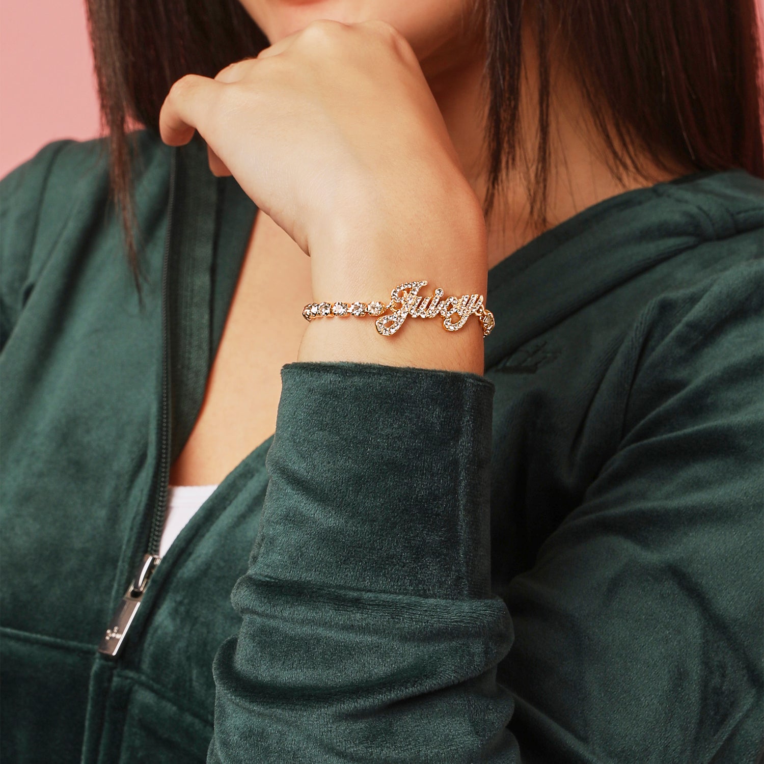 Juicy Couture Logo Clear Stone Tennis Bracelet for Women 7.5", Gold-Tone Bling Juicy Bracelet