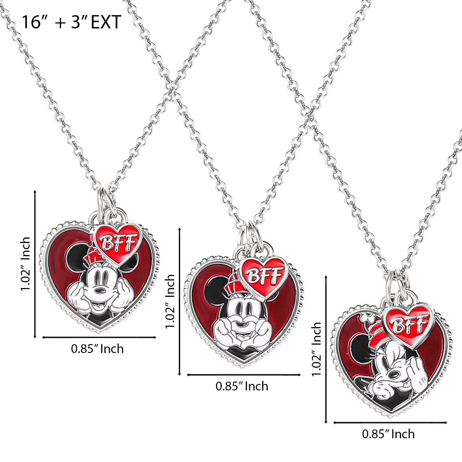 Disney BFF Minnie Mouse Necklace Set of 3 Official License, 16"+3" Friendship Necklaces with BFF Charm and Minnie Pendant