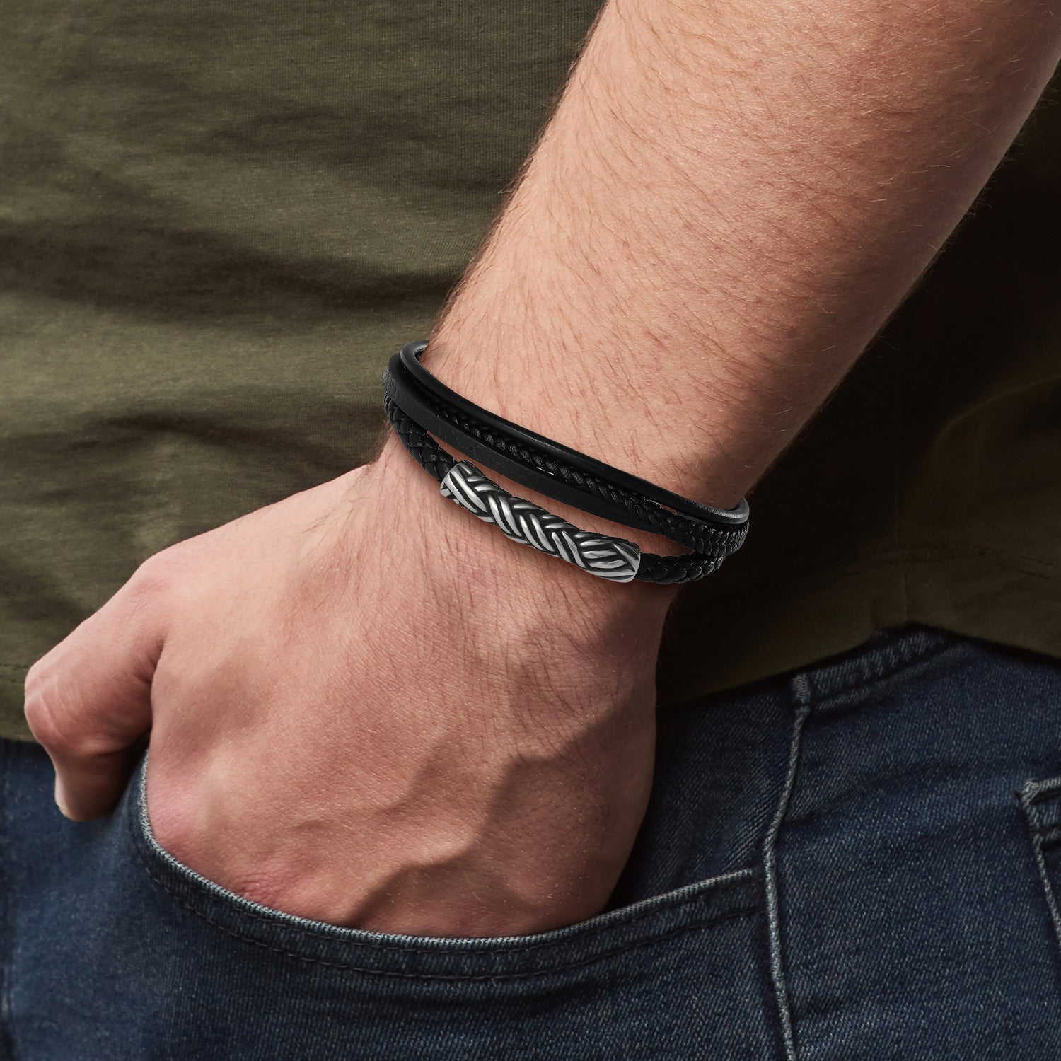 Lucky Brand Men’s Multi‑Row 8'' Bracelet with Braided Barrel, Black