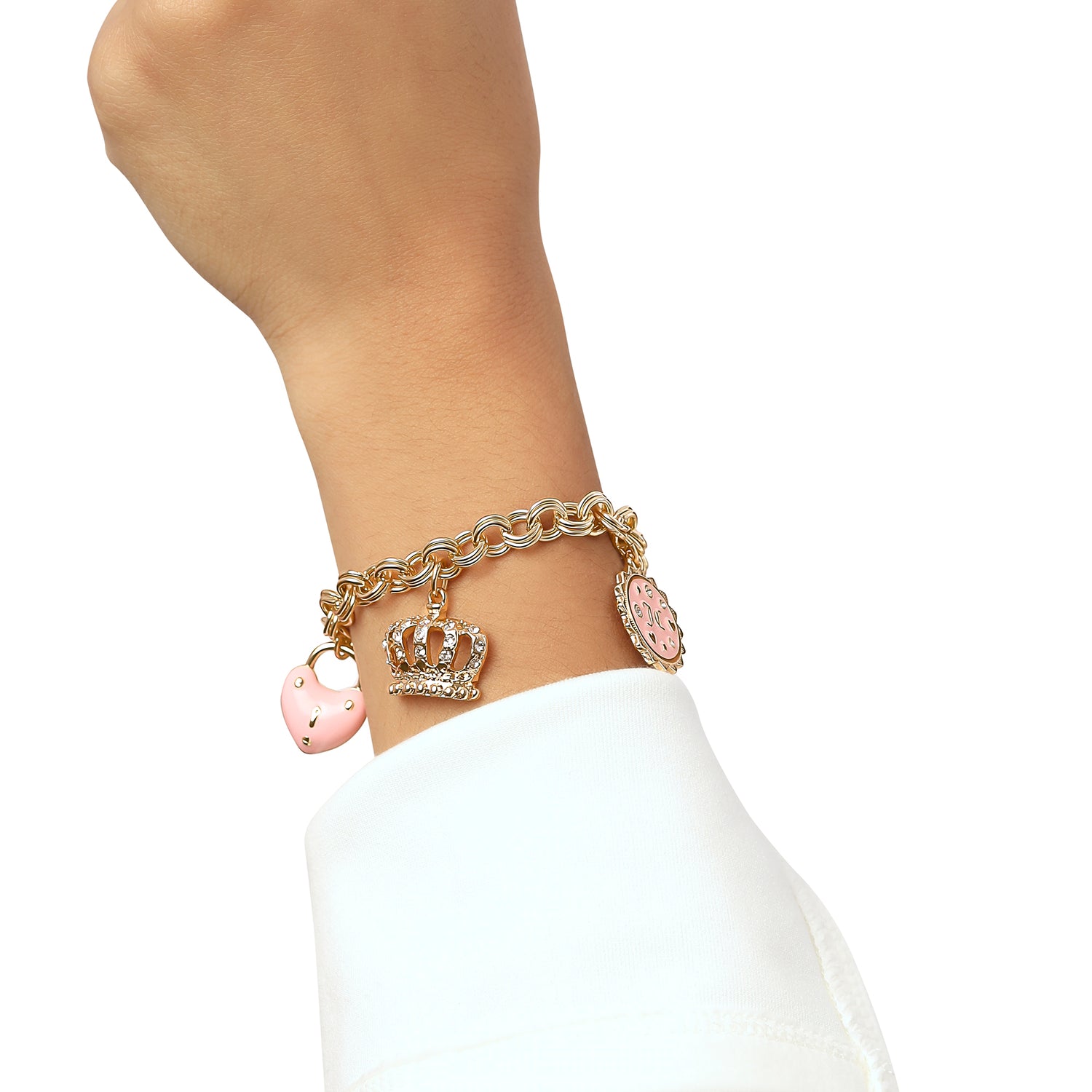 Juicy Couture Charms Bracelet with Clear Stones, 7.5" Goldtone Bracelet for Women Featuring 6 Pink and Gold Charms