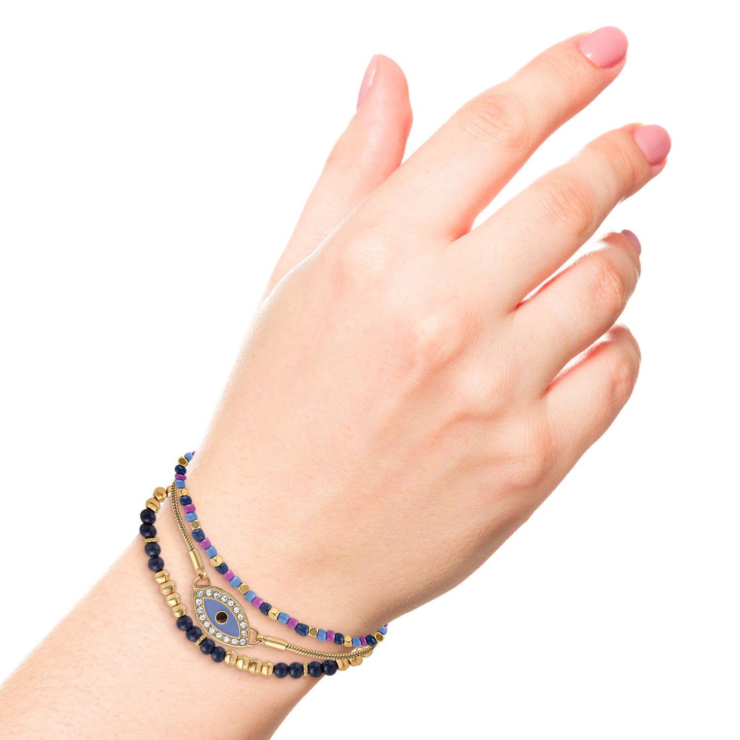 Jessica Simpson Multi-Color Beaded Bracelet Set with Evil Eye Charm - Boho Chic Stackable Bracelets