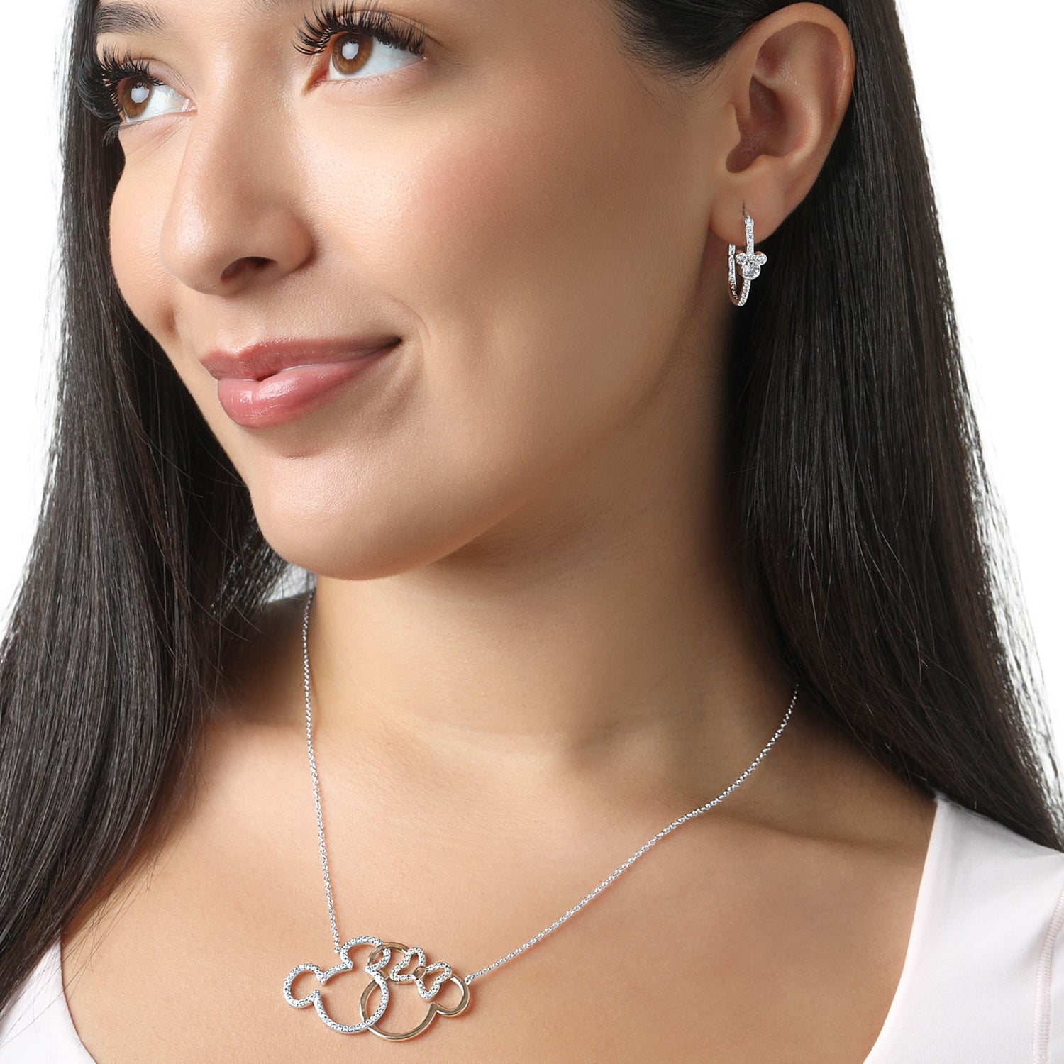 Disney Mickey Mouse Earrings Cubic Zirconia, Silver Flash-Plated Hoops