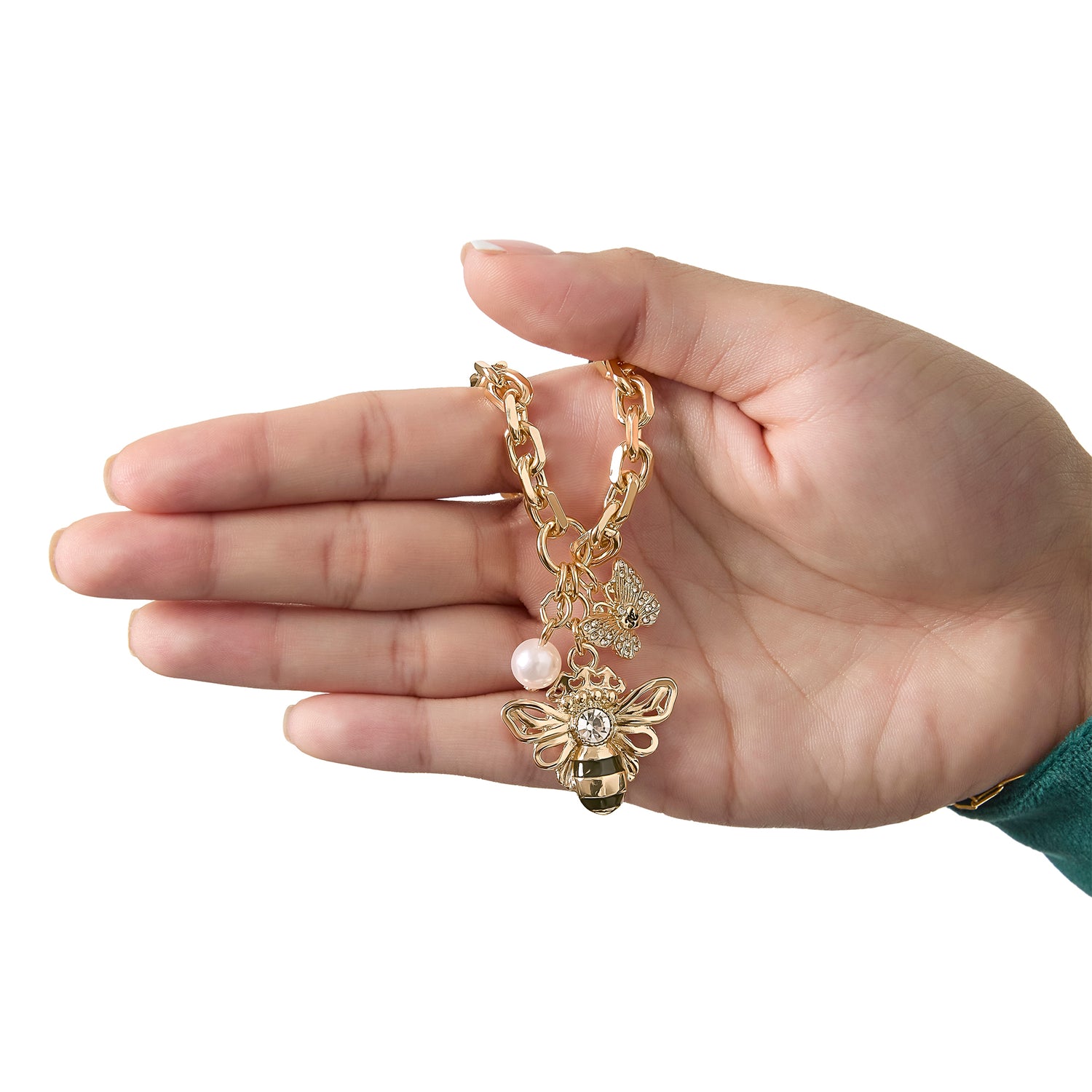 Juicy Couture Charm Cluster Bee Necklace, Gold‑Tone with Crystal Butterfly & Pearl Accents