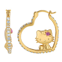 Hello Kitty 3D Heart Hoop Earrings, Yellow Gold-Plated Sterling Silver with Created Sapphire, Official License
