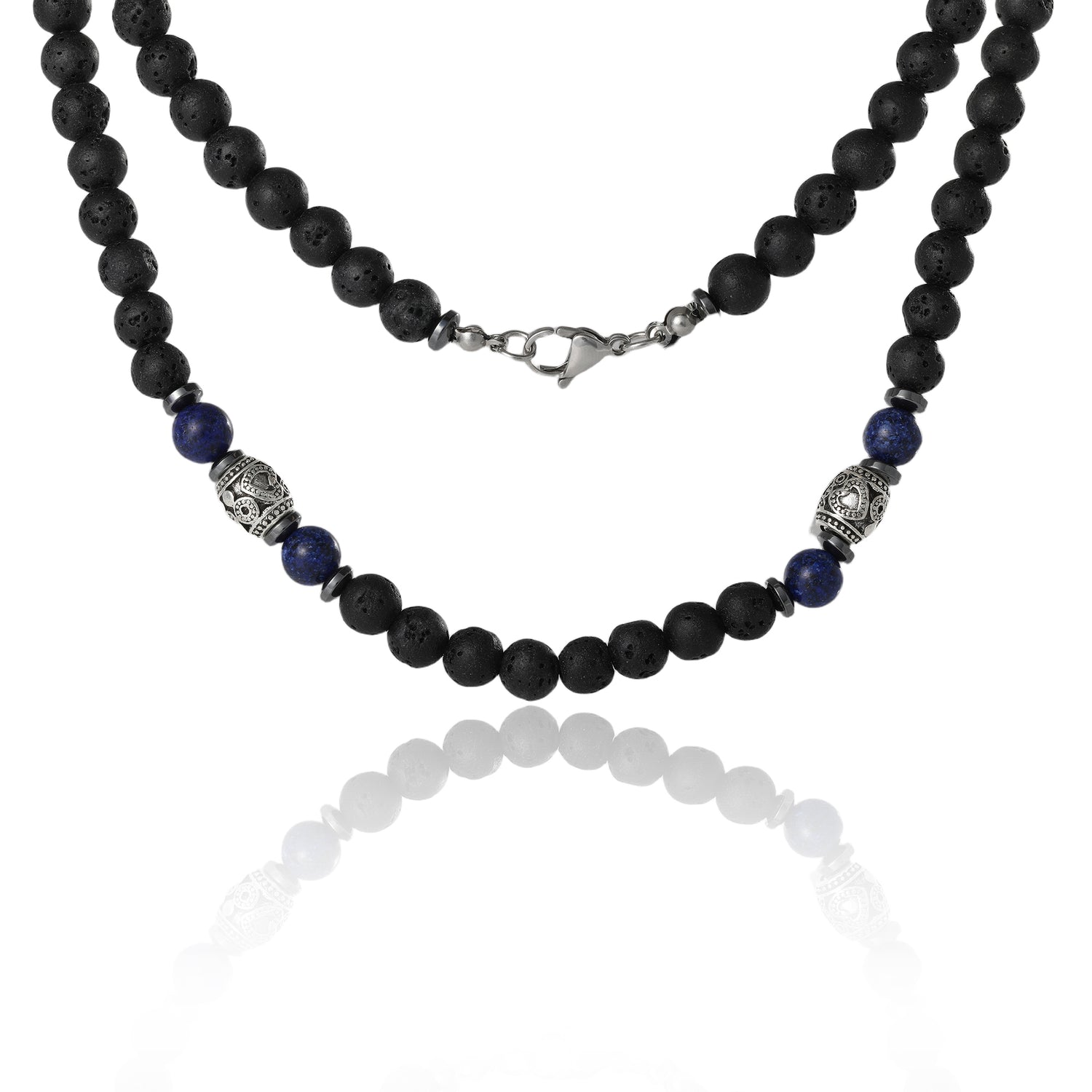 Lucky Brand Men’s Lava Rock & Lapis Beaded 22'' Necklace, Silver‑Tone Barrel Accents
