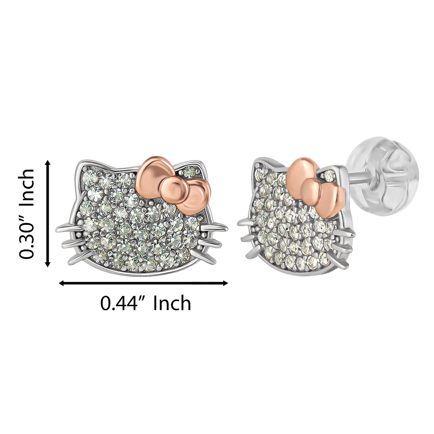 Hello Kitty Face Stud Earrings, Sterling Silver with Created White Sapphire Pavé and Rose Gold-Tone Bow, Official License