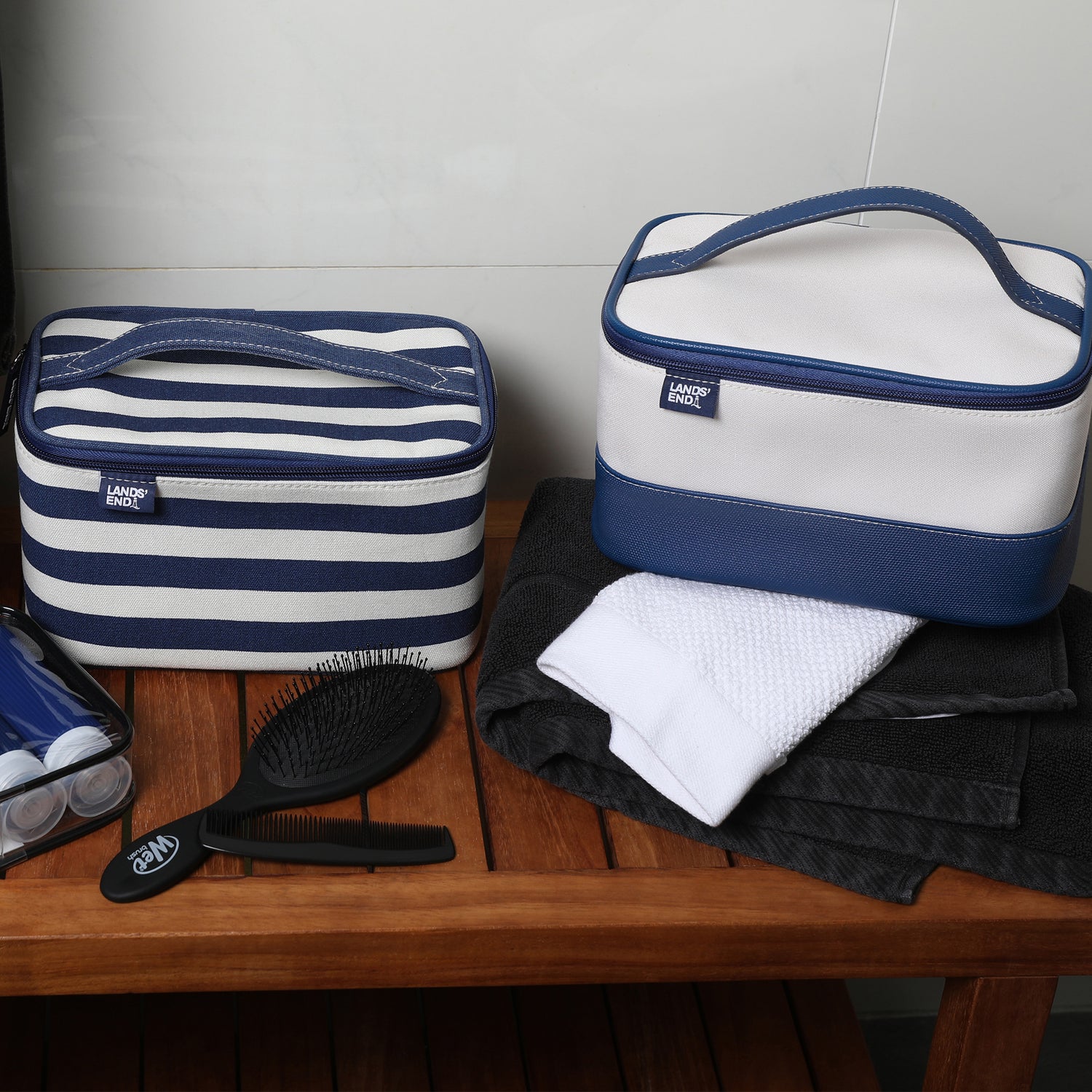 Lands' End Large Makeup Bag Train Case with 2 100 ML Plastic Travel Bottles, Soft-Sided Cosmetic Travel Bag - Navy