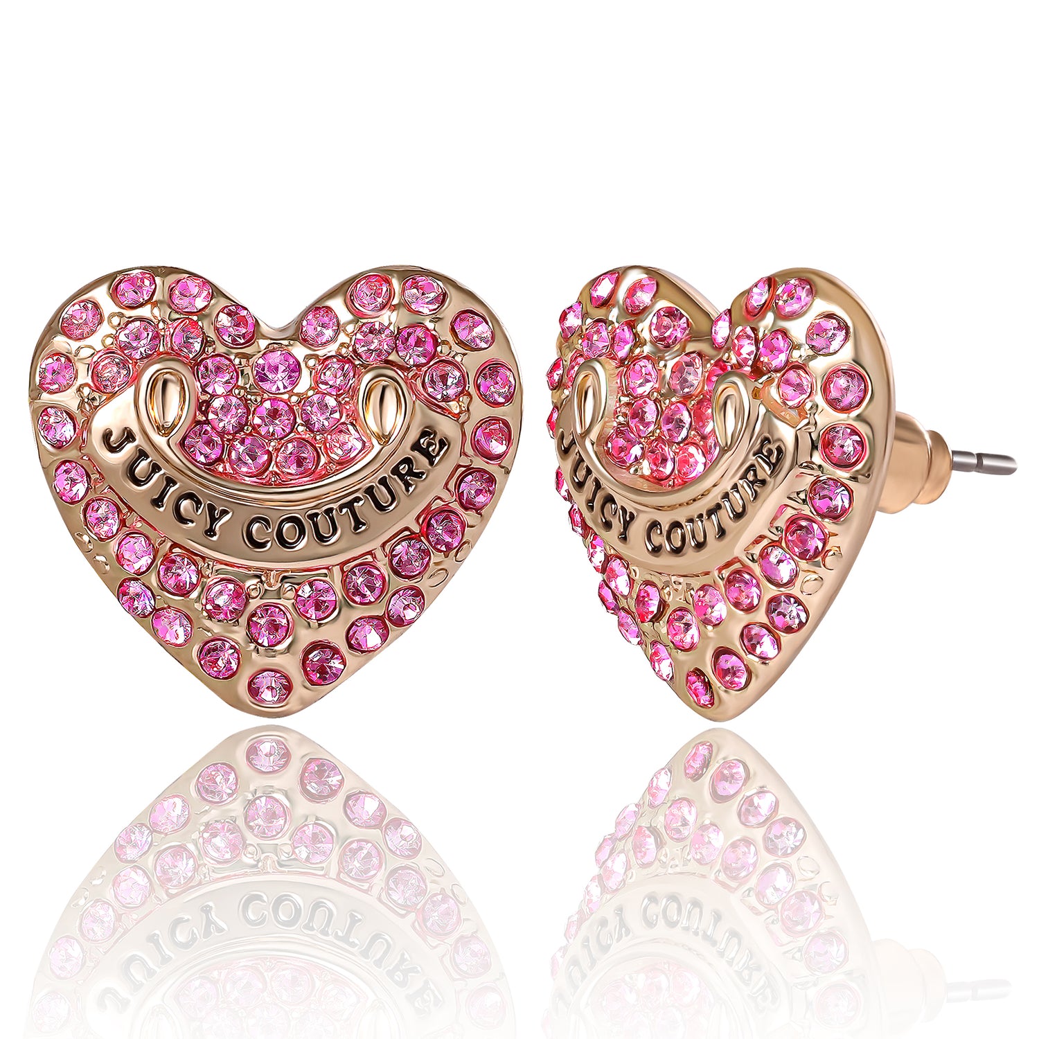 Juicy Couture Logo Heart Stud Earrings for Women with Pink Stones, Juicy Couture Earrings Gold Tone