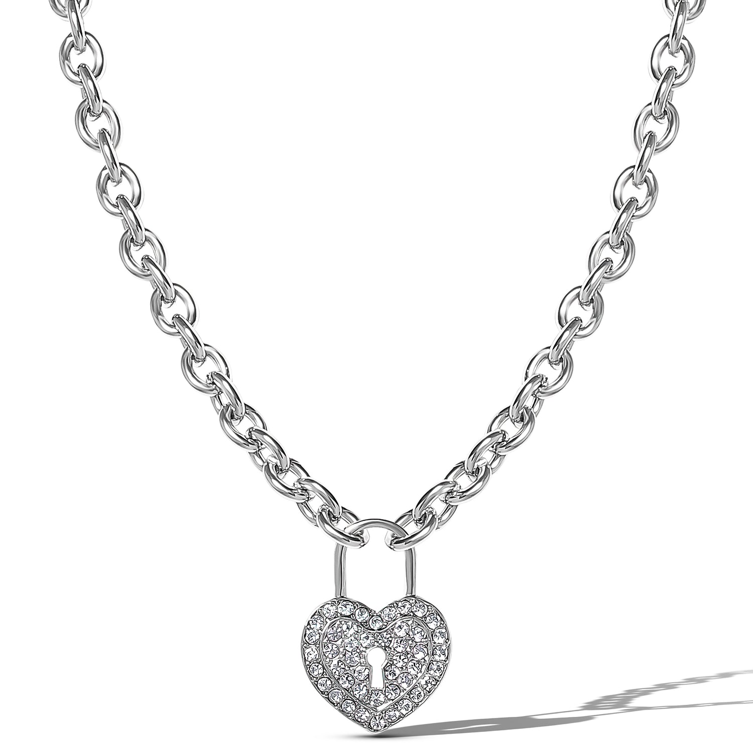 Jessica Simpson Silver-Tone Pave Crystal Heart Lock Necklace