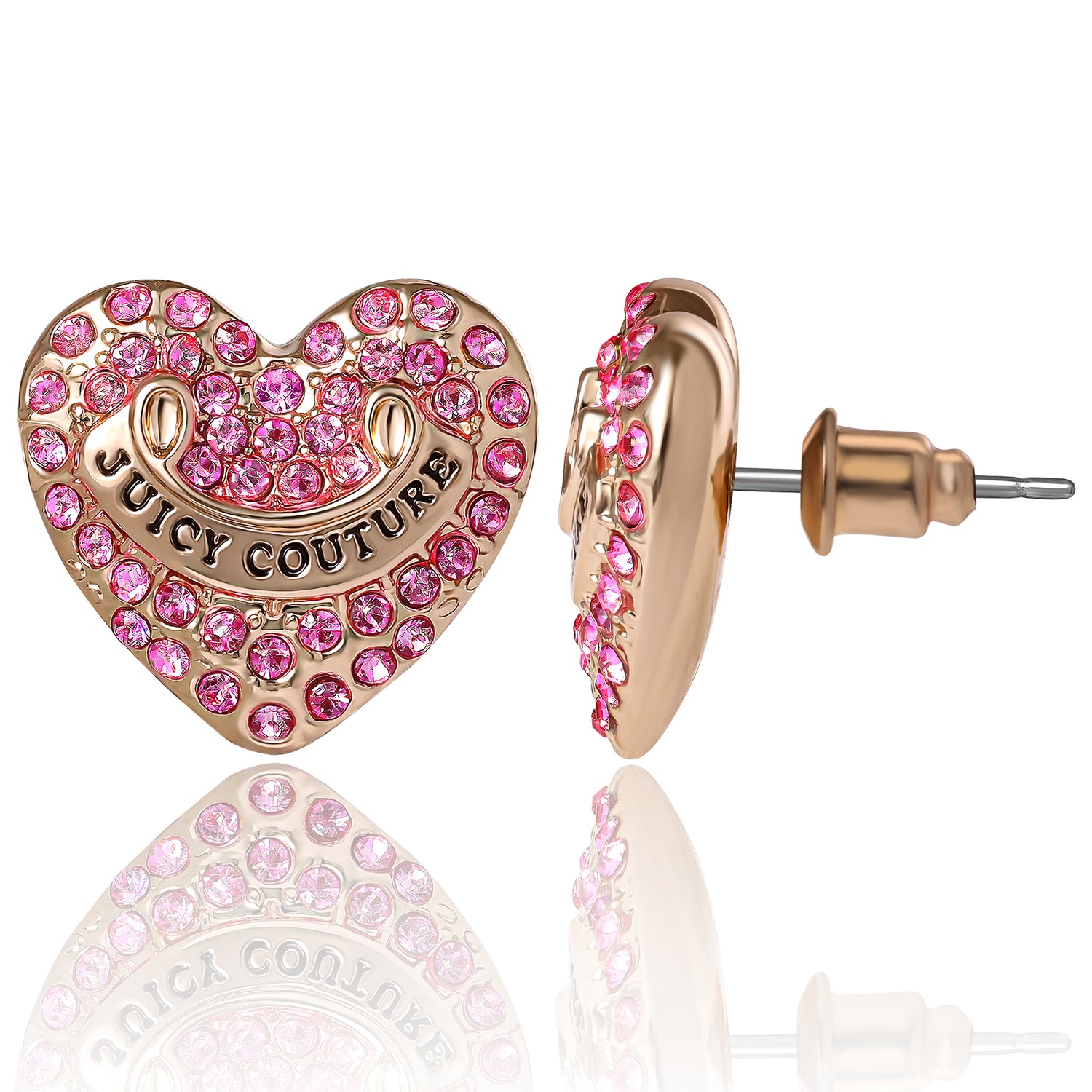 Juicy Couture Logo Heart Stud Earrings for Women with Pink Stones, Juicy Couture Earrings Gold Tone