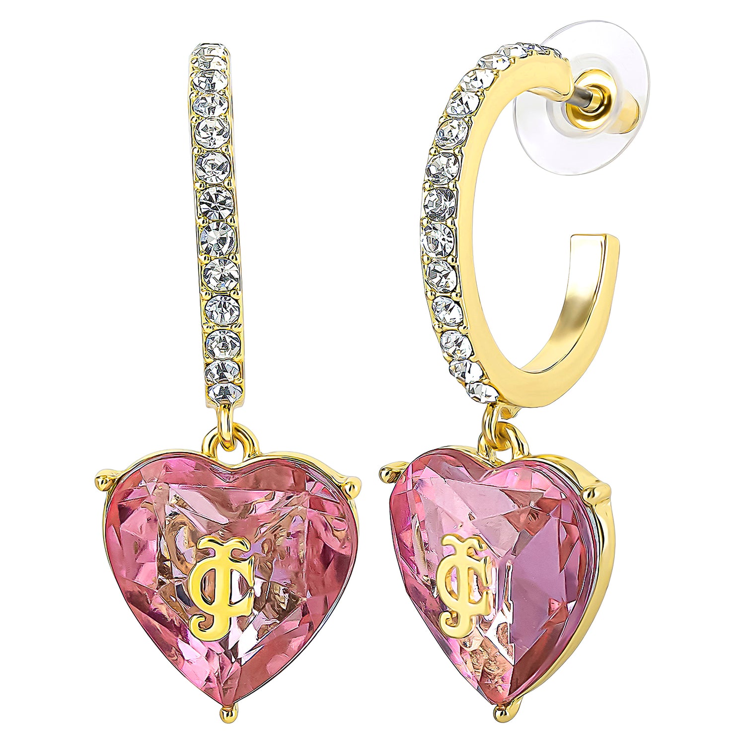 Juicy Couture Heart Charm Hoop Earrings for Women, Colored & Clear Stones - Pink