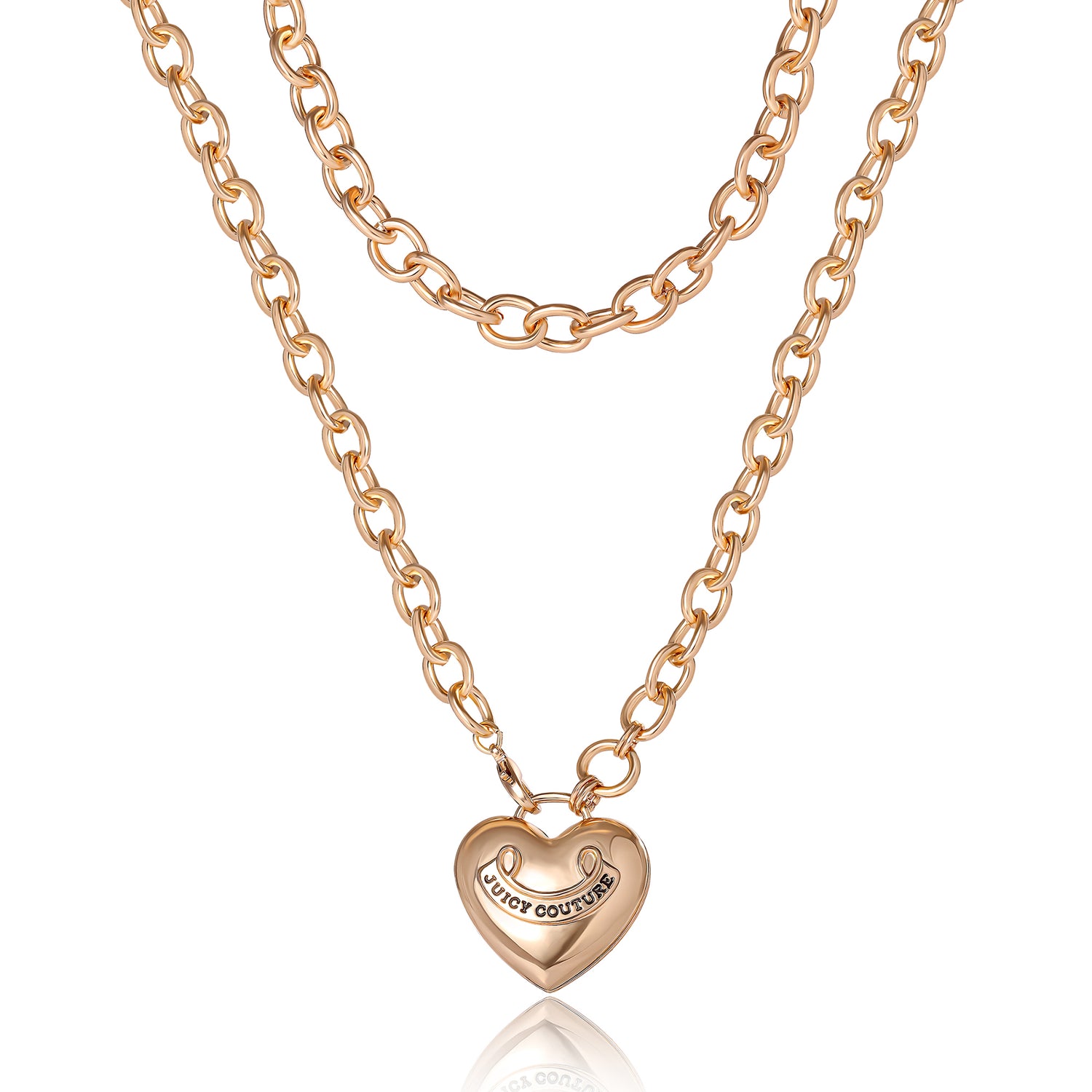 Juicy Couture Puffy Heart Necklace Gold Tone, Logo Heart Ladies Necklace Long 28"+2", Juicy Gifts