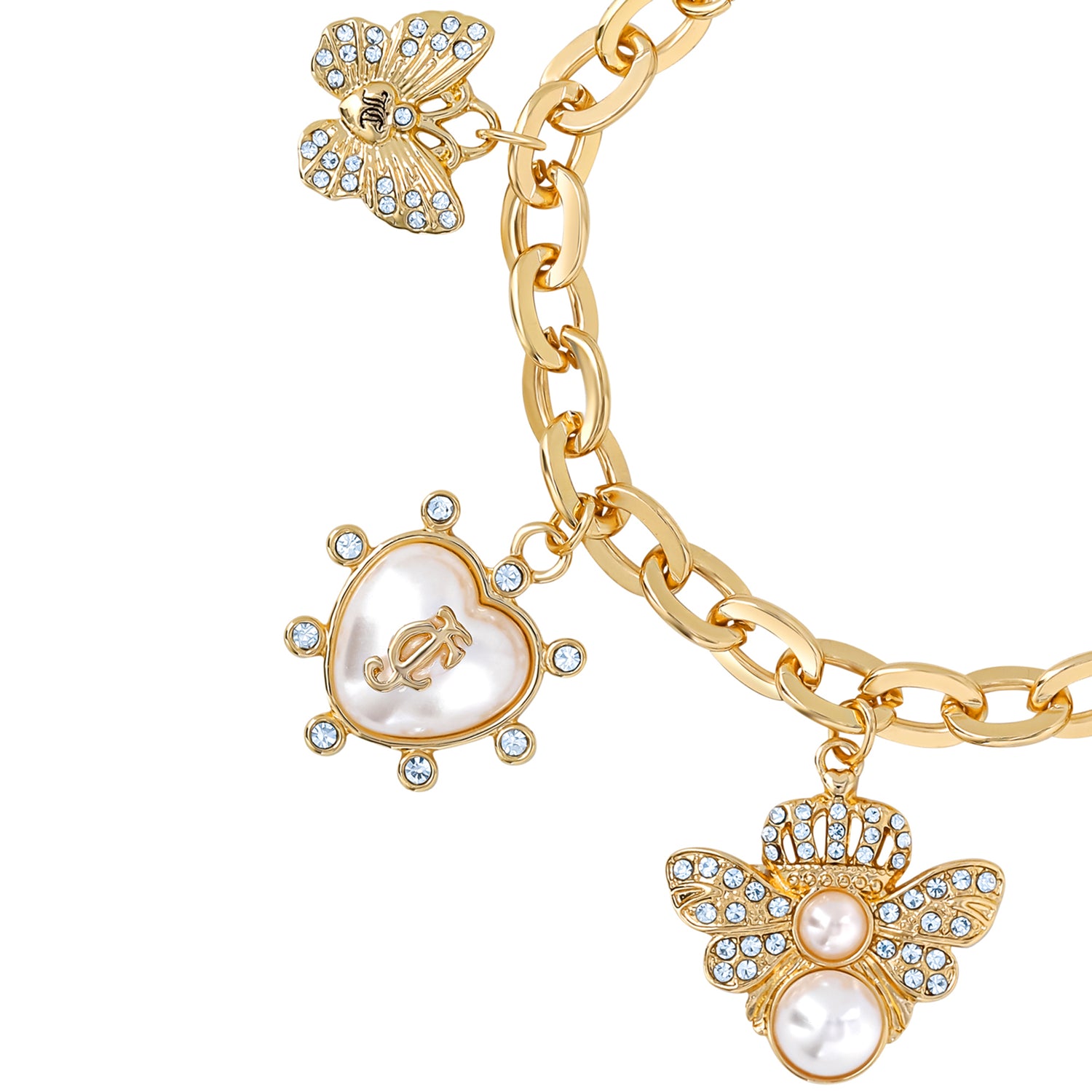 Juicy Couture Pearl & Icon Charm Bracelet, Gold‑Tone Link with Faux Pearls